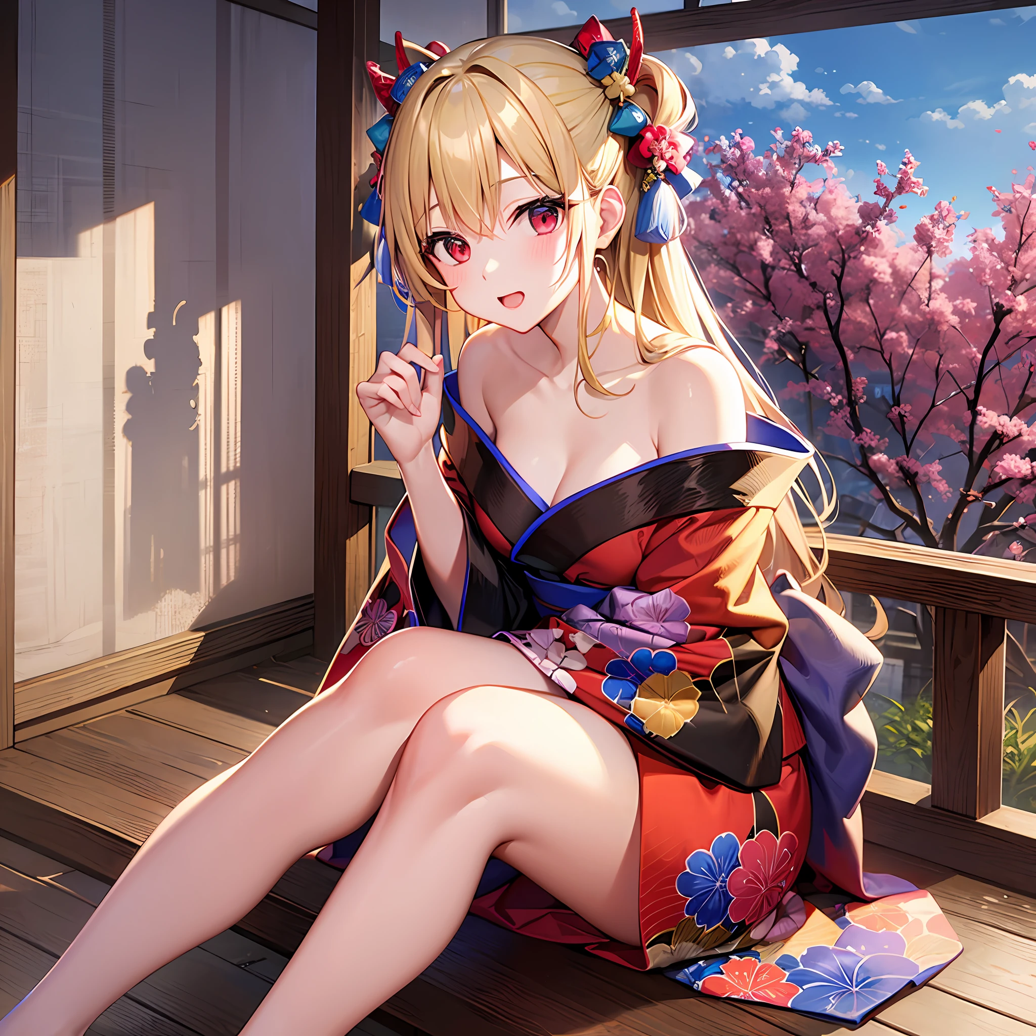One blonde girl、red eyes、Kimono、off shoulders、Beautiful feet