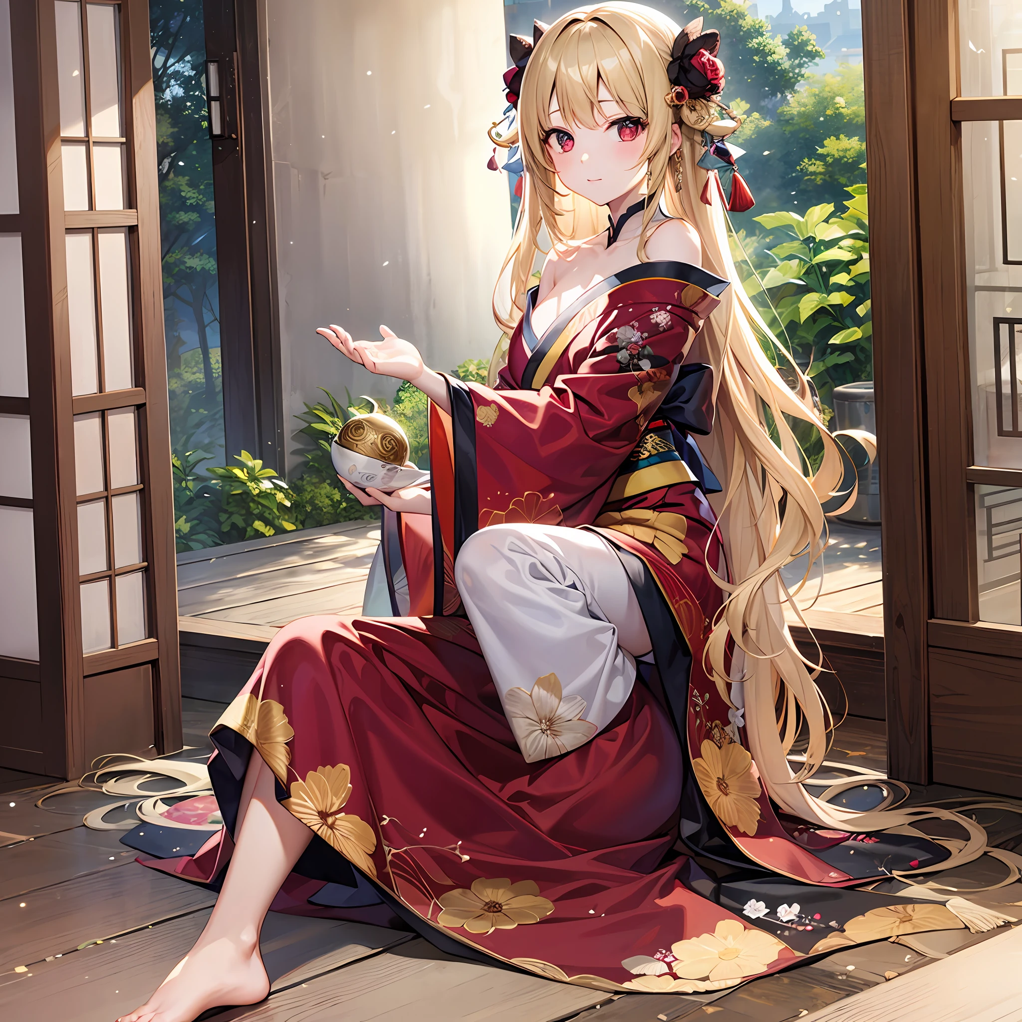 One blonde girl、red eyes、Kimono、off shoulders、Beautiful feet