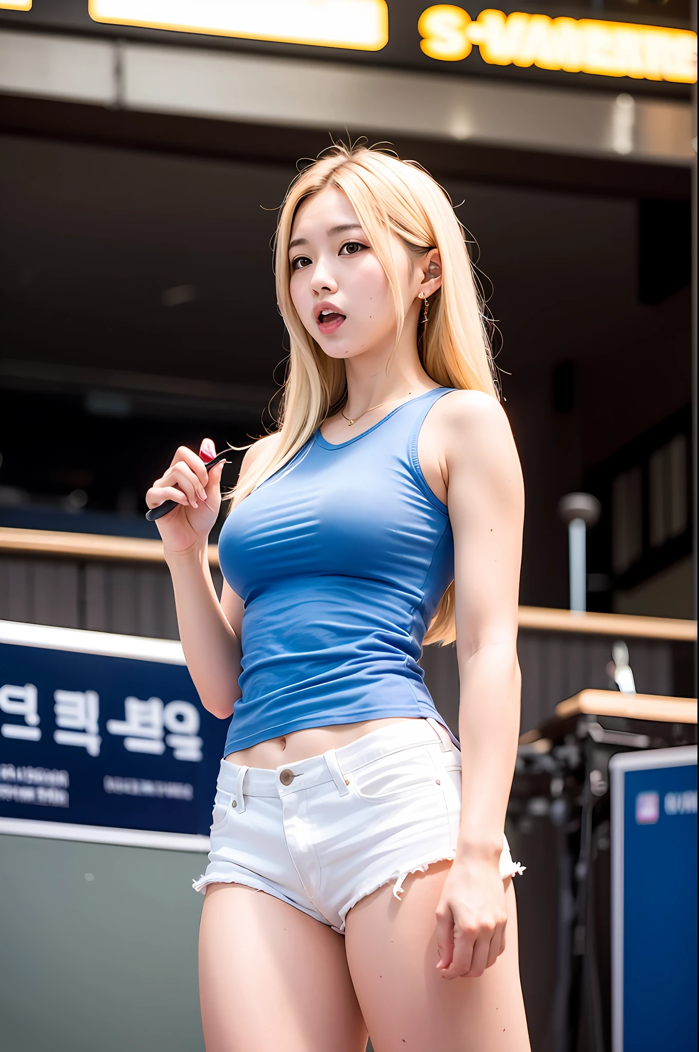 a potrait of a beautiful korean idol, 24 years old, long blonde hair, white tanktop, blue jeans, perform on the stage, breast 1:2, (50 mm leica lens)