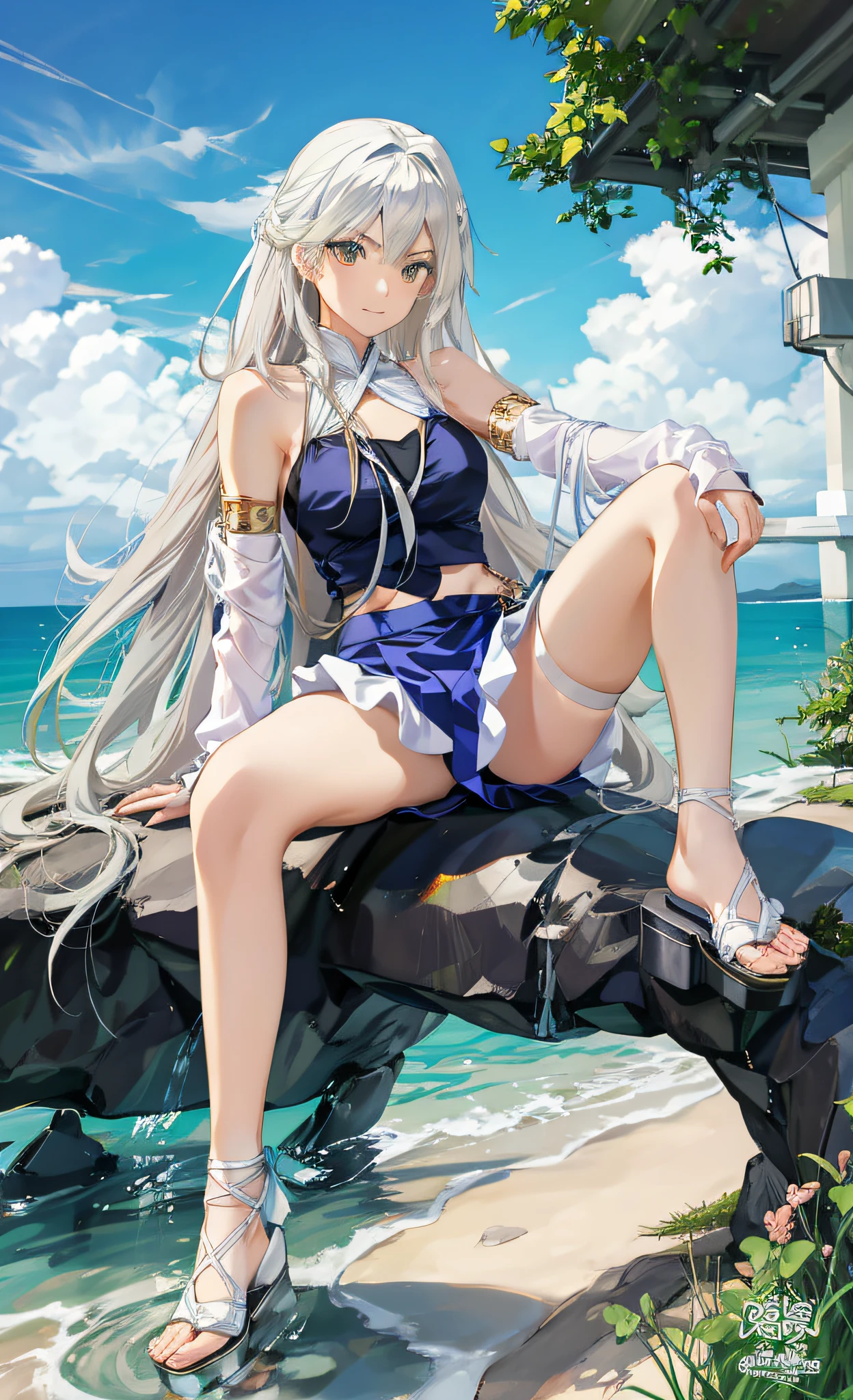 Anime girl sitting on a rock by the sea, Perfect white haired girl, Girl with white hair, white haired Cangcang, Kantai collection style, with long white hair, Flowing white hair, long  white hair, Beautiful anime girl, white haired lady, Silver hair girl, white-haired god, style of anime4 K, High Quality Anime Art Style, anime wallaper