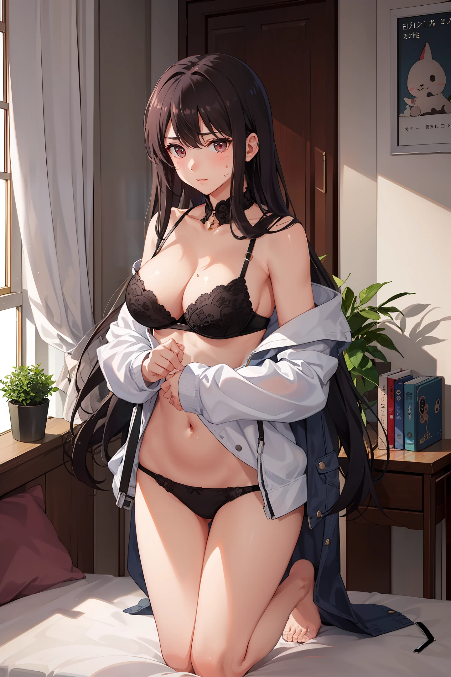 A female high school student is about 175 tall，The underwear she was wearing，kneeling on a bed，The face is slightly red，But there is a little high coldness on the face，The size of the chest is between b and c，The body sweated a lot，The sunlight outside the window was shining on her，Illuminate her body，See her touching appearance，I want to hug her