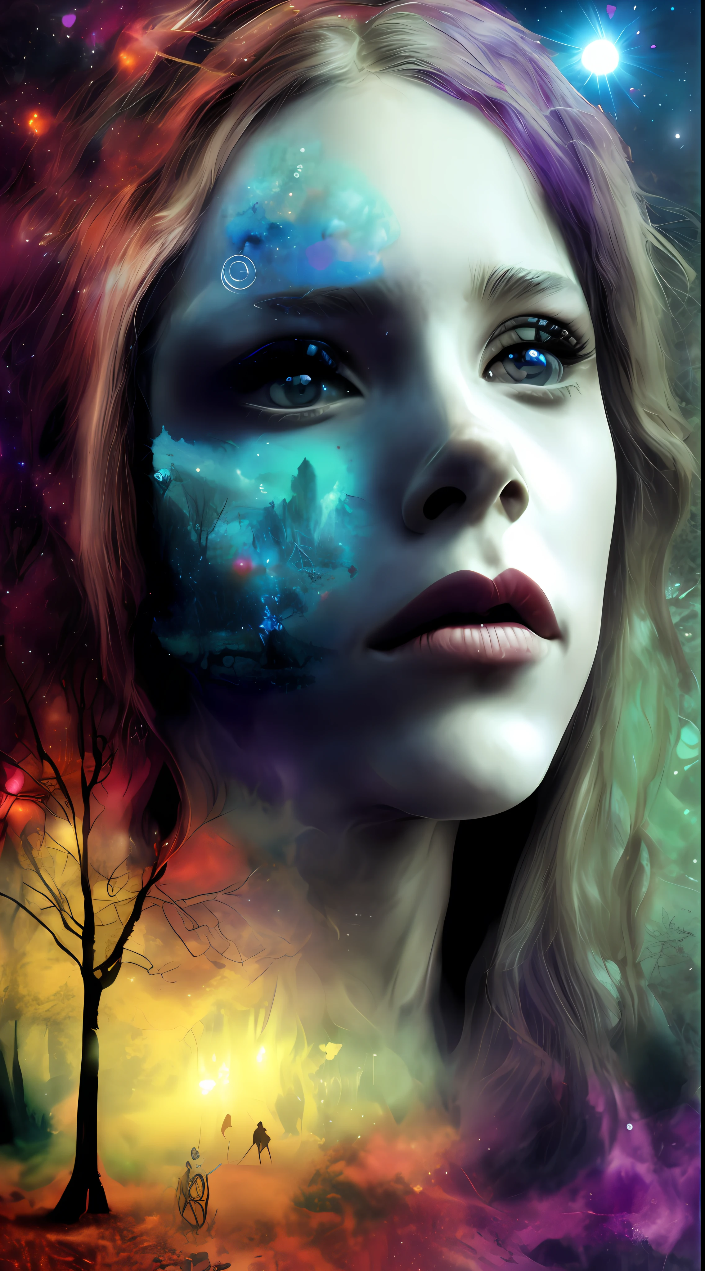 Incredible and spectacular scene, a "((high quality)), (detailed)), ((fantasy)), illustration, perspective (45 degree tilt angle), theme (enchanted forest style), scene elements (handsome boy, beautiful girl), picture quality (3D rendering effect), exquisite details, beautiful lights "emerge from glowing clouds, fractal nebula lines, cosmic entities, celestial bodies, universes, vibrant and vivid, swirling, rotating, impractical, high contrast, co-metabolic, magical, mysterious, mysterious, surreal, Oversaturated, colorful