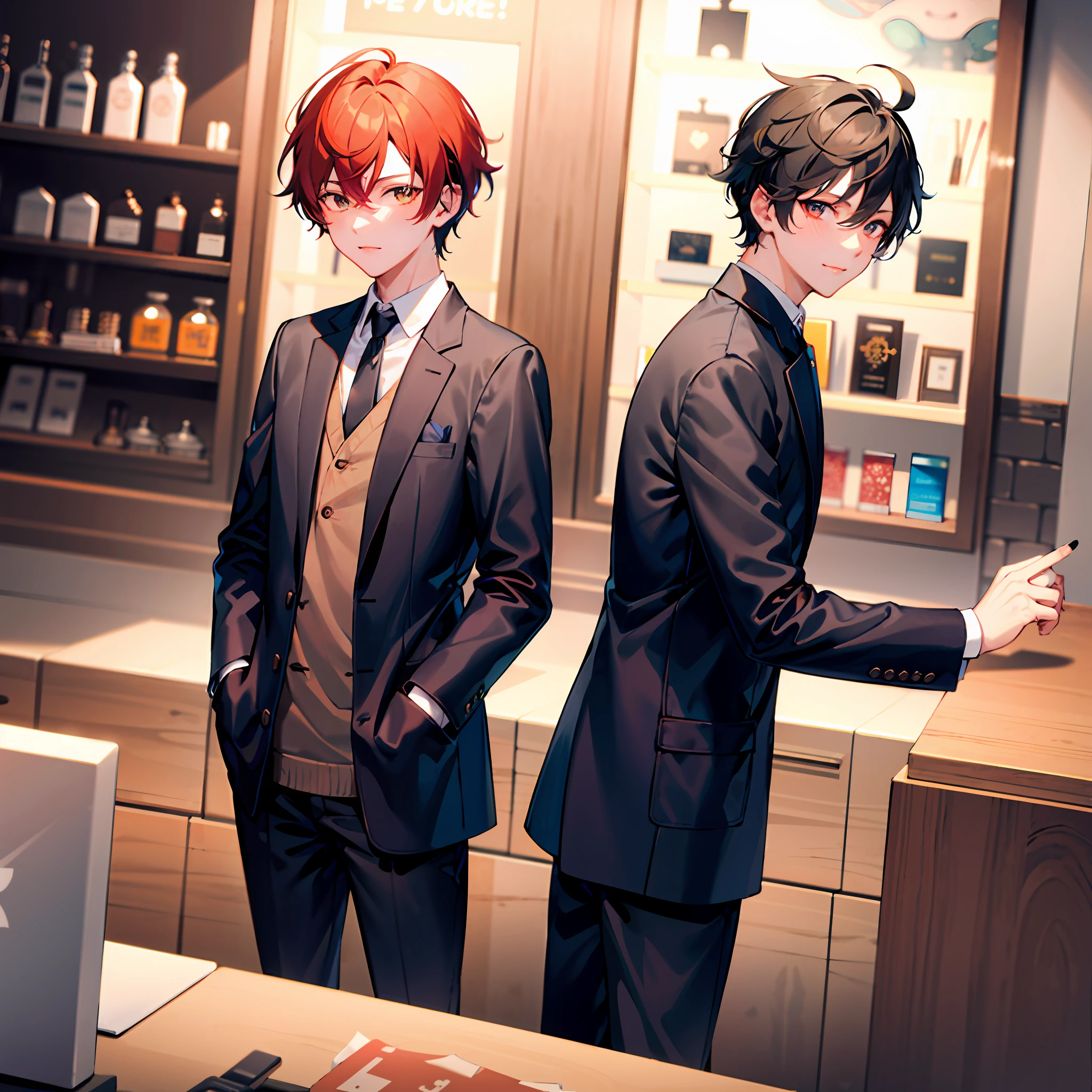 1boys, 年轻，Handsome，Be red in the face，is shy，Wear a black jacket，Medium shot，（独奏）, Inside the shop，Cowboy shooting，brunette color hair