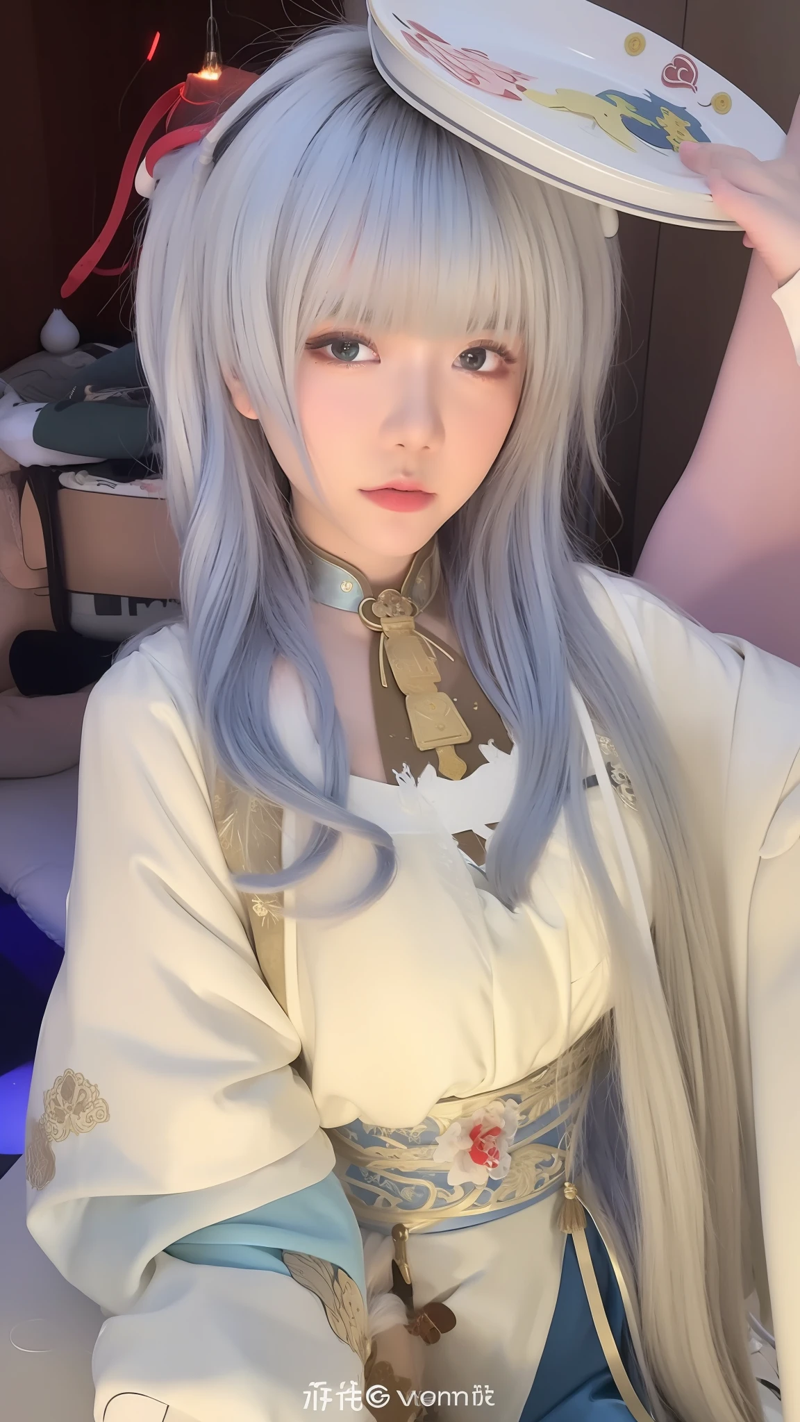 Arakfi in a white dress with a blue plate, Keqing from Genshin Impact, Anime cosplay, Anime girl cosplay, zhongli from genshin impact, white-haired god, cosplay, White Hanfu, 8K)), long  white hair, with long white hair, professional cosplay, drak, Palace ， A portrait of a woman in Hanfu，Fantasyart，photographrealistic，动态照明，poster for，Volumetriclighting，Very detailed faces，4 k，1girl，