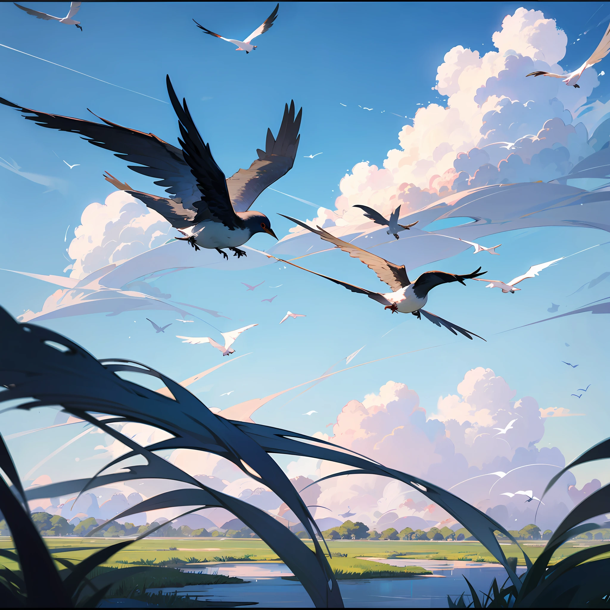 with blue sky and white clouds,Wetland Park,High hills,flying birds --auto