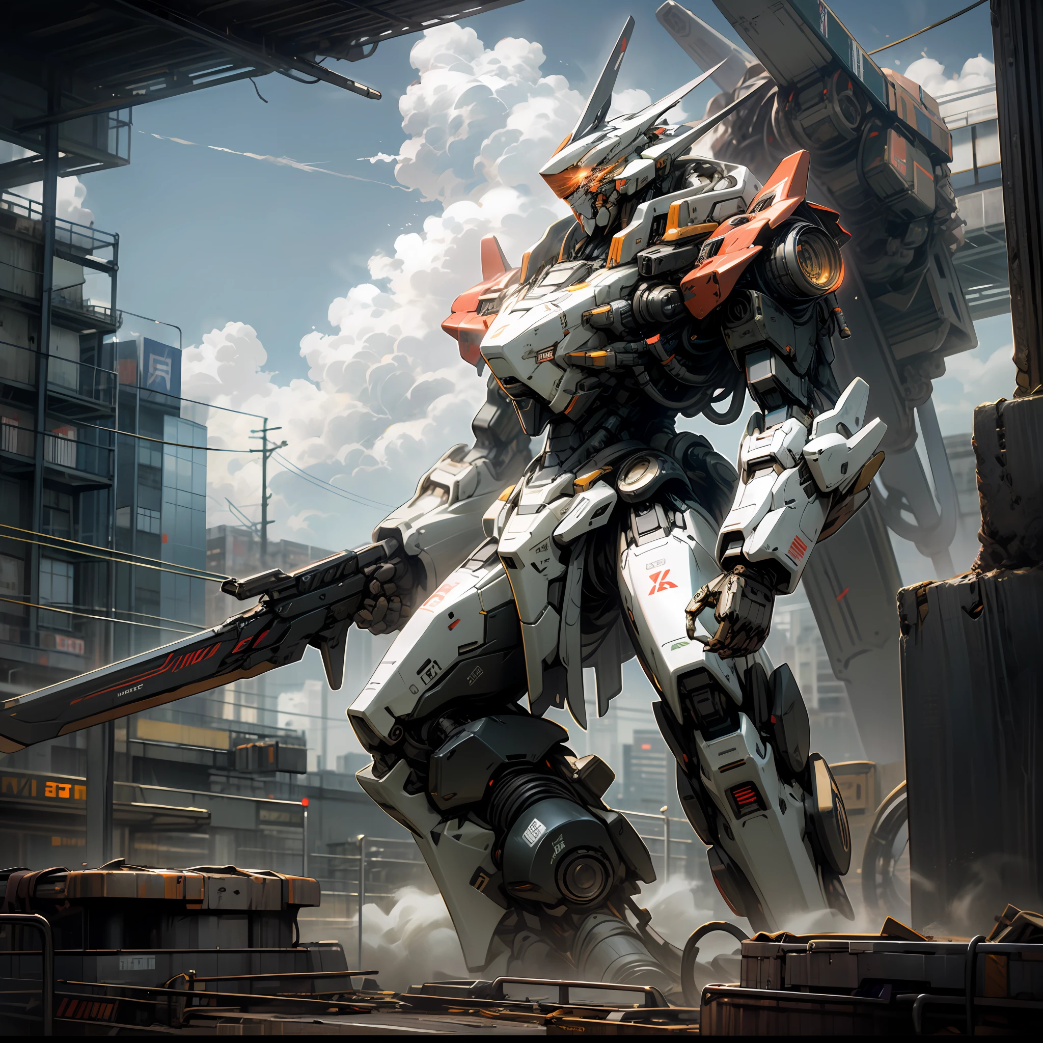 sky, cloud, holding_weapon, no_humans, glowing, , robot, building, glowing_eyes, mecha, science_fiction, city, realistic,mecha --auto