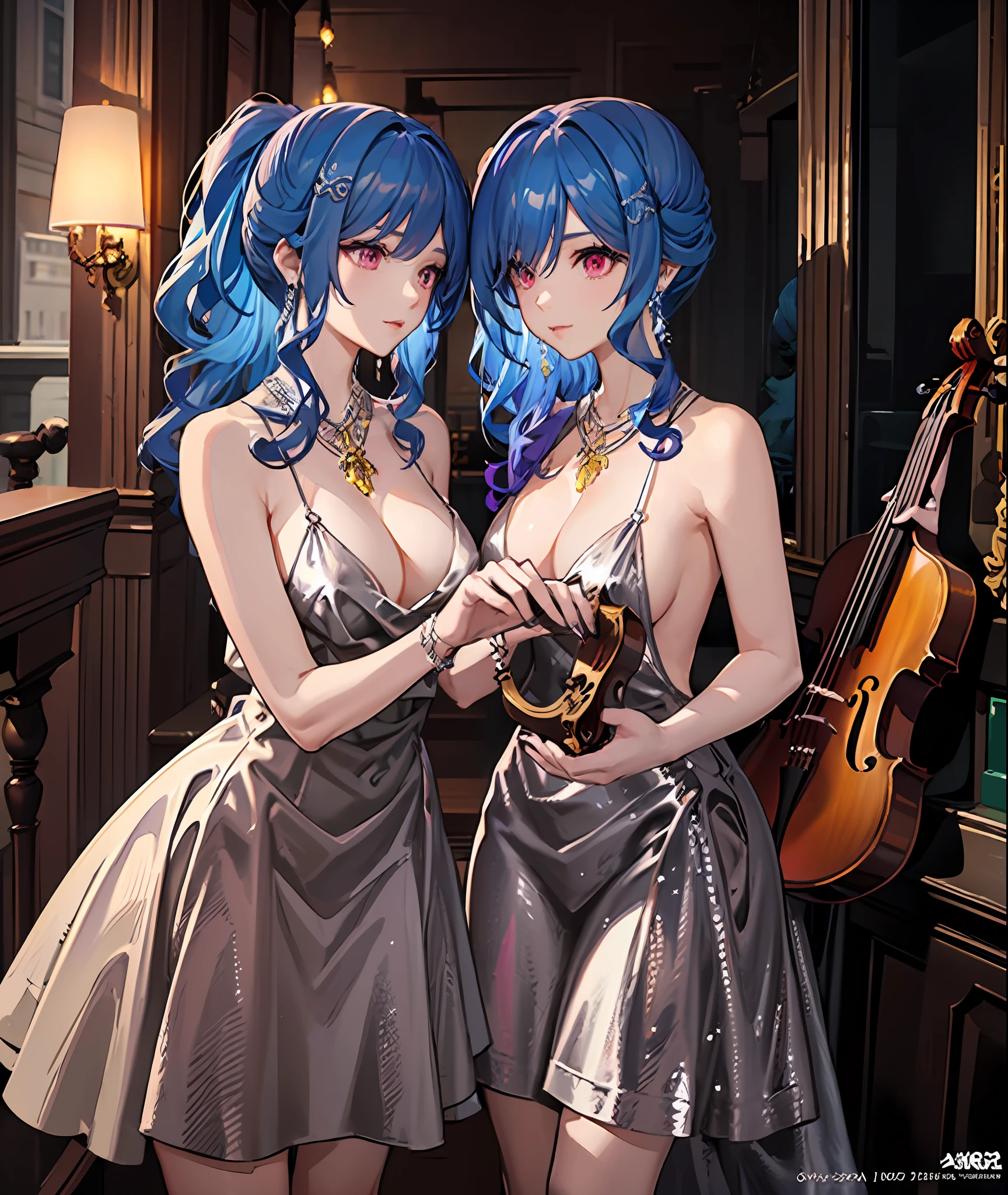 Close-up of two goddesses holding violins and bows, (fantasy violin), Ayaka Genshin impact, Detailed key anime art, Official artwork, tsuaii, A scene from the《azur lane》videogame, high detailed official artwork, Rem Rezero, fantasy violin, offcial art, nightcore, Splash art anime Loli, Blue-haired god，