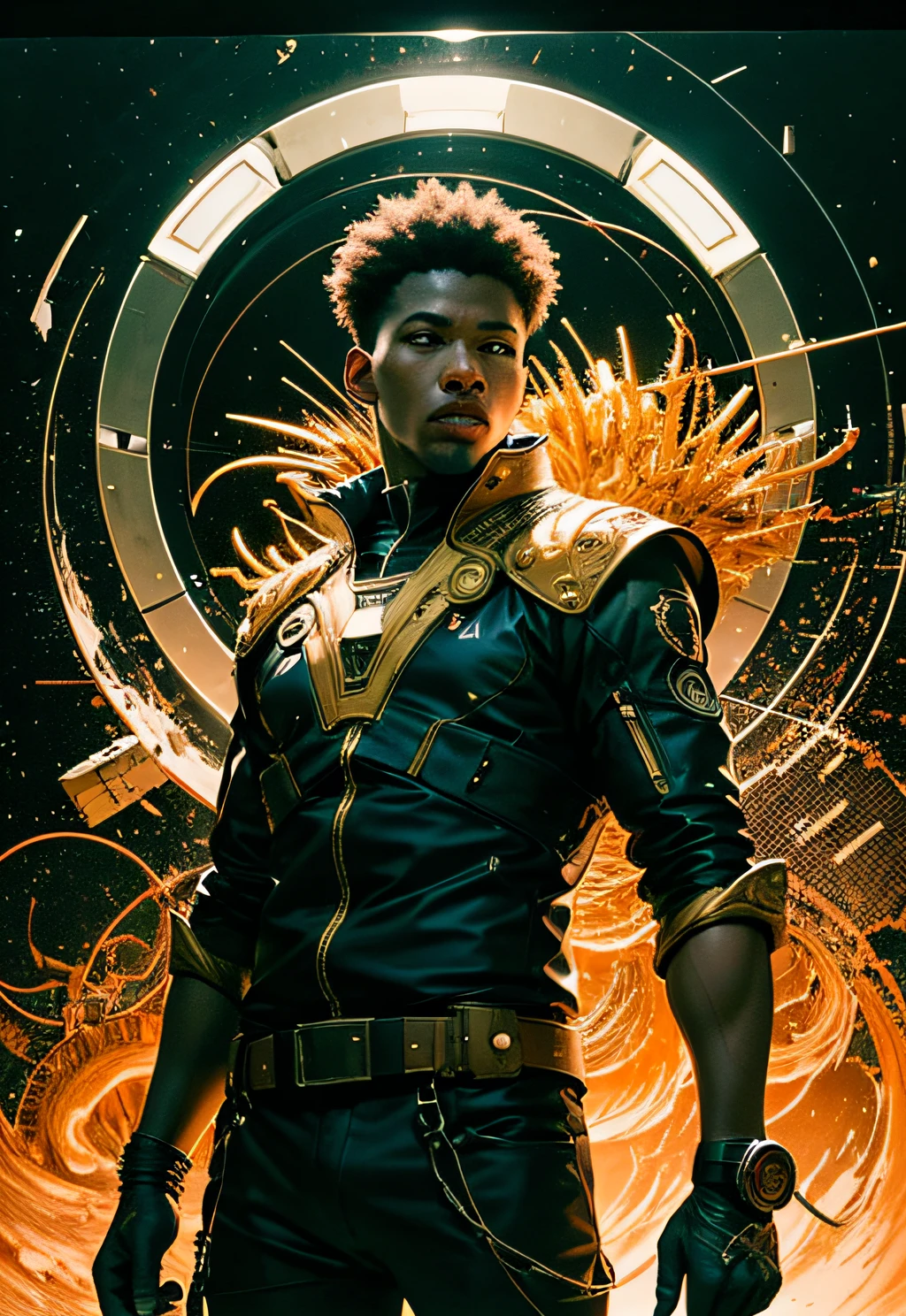 masterpiece, top quality, best quality, official art, beautiful and aesthetic,realistic, 
delivery driver, standing next to DHL spaceship, in yellow-black futuristic uniform, with DHL Logo, 
extremely detailed,colorful,highest detailed, (dynamic pose), shiny skin, zentangle, flowers, abstract background, a man coming out of a stargate like the one in Stargate SG1, Black man. holding a mechanical cube with circles on the sides. the cube has some glowing lines. the cube is radiating energy. the man is commanding the cube, the man is a scientist. Hyper realistic, Photography, Picture of the week, RAW, beautiful, (finely detailed skin), African skin, (masterpiece) (perfect proportion)(realistic photo)(best quality) (detailed) photographed on a Canon EOS R5, 50mm lens, F/2.8, HDR, (8k) (wallpaper) (cinematic lighting) (dramatic lighting) (sharp focus) (intricate)