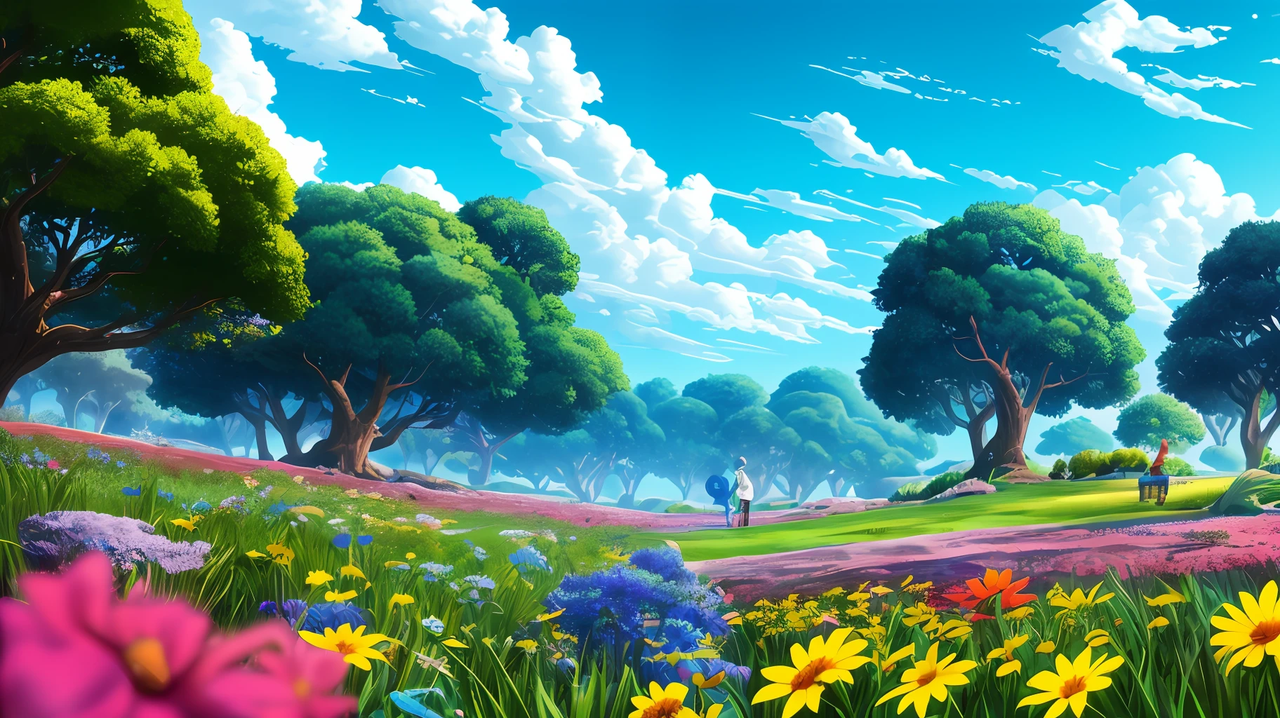 extremely detailed CG unity 8k wallpaper, masterpiece, best quality, ultra-detailed, blue sky, vast green plains, Studio Ghibli inspiration, Akira Toriyama style, Dragon Quest flavor, an extremely delicate and beautiful scenery with diverse colorful flowers, peaceful and relaxing atmosphere, perfect for contemplation and meditation. --auto