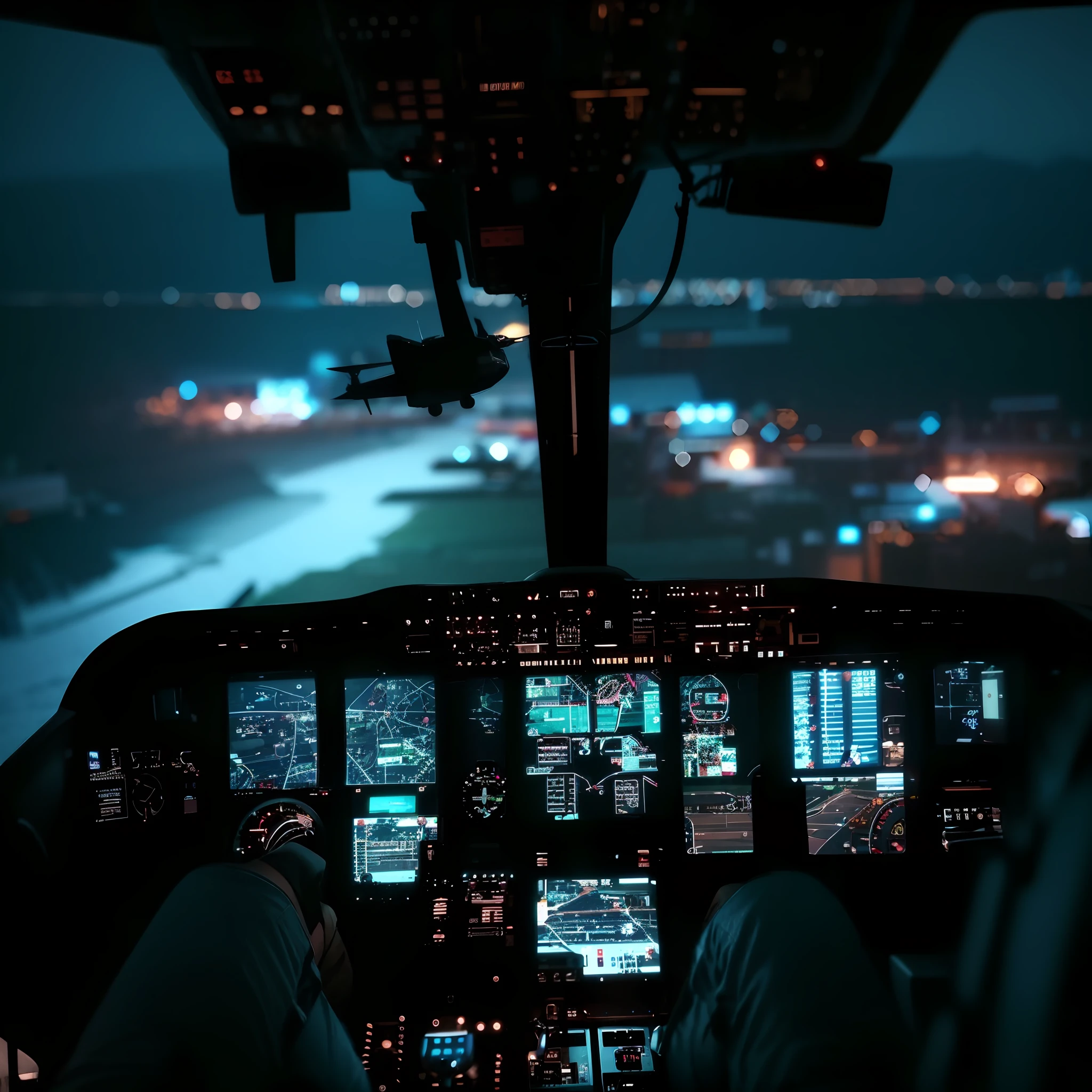 arafed view of a cockpit with a view of a city at night, helicopter view, luminous cockpit, cockpit view, cinematic shot, airplane cockpit, breathtaking shot, view from helicopter, cinematic shot!, in cockpit, cockpit, at takeoff, flying over the ocean, night shot, landing lights