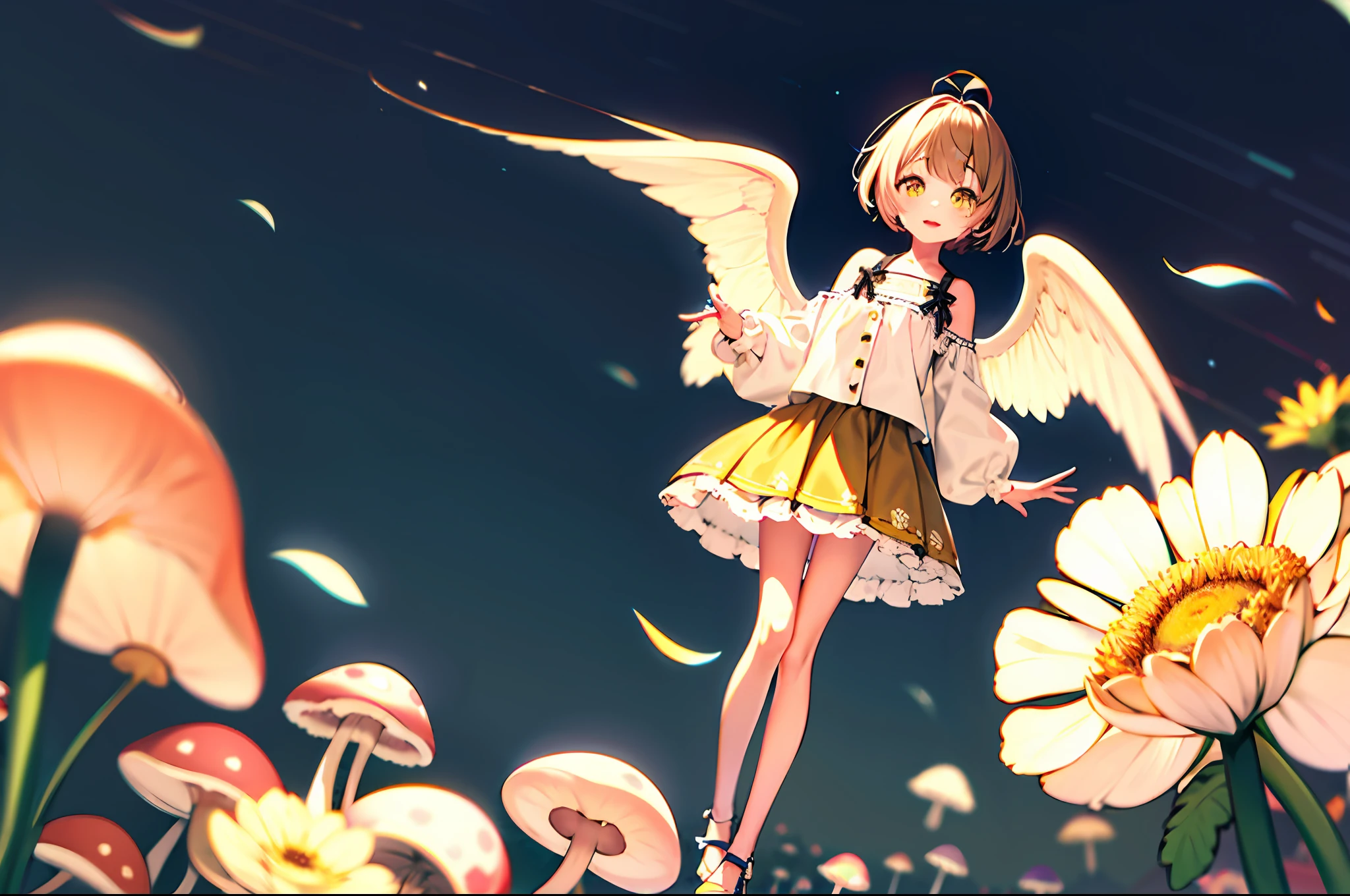 Campus background，11-year-old girl，Brown hair，Dark yellow 10cm heels，White top，cropped shoulders，chrysanthemums，Mushroom head，Light yellow bow，Short light yellow skirt，Light yellow hair，light yellow eyes，white  clothes，thin very long legs，the angel's wings，Cute and sweet，Full body painting，high high quality。