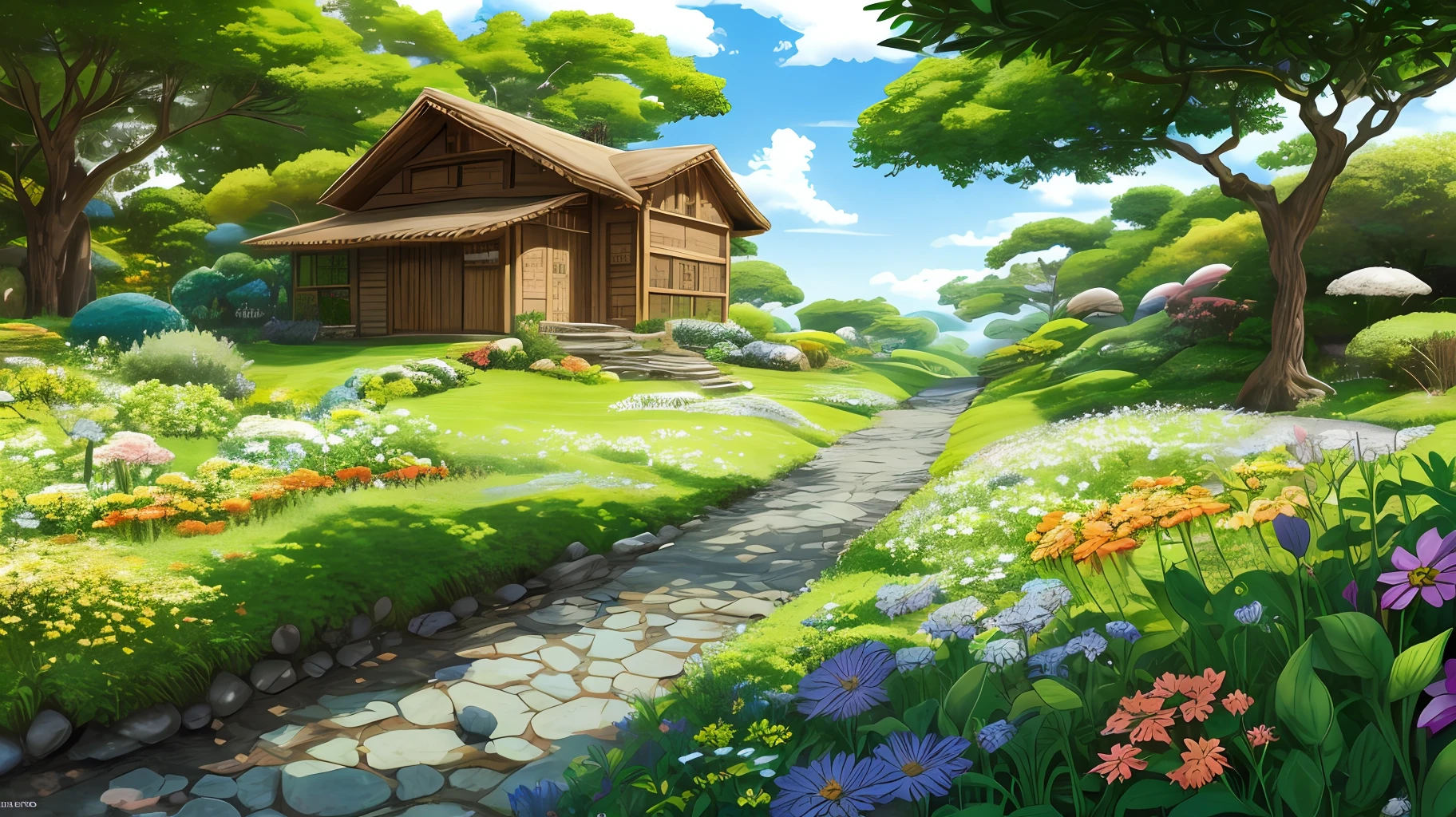 Estilo Akira Toriyama, Studio Ghibli e Dragon Quest, Um background com uma planice verde, relaxante, cheio de belas flores misturadas de diversas cores, A place of contemplation. --auto