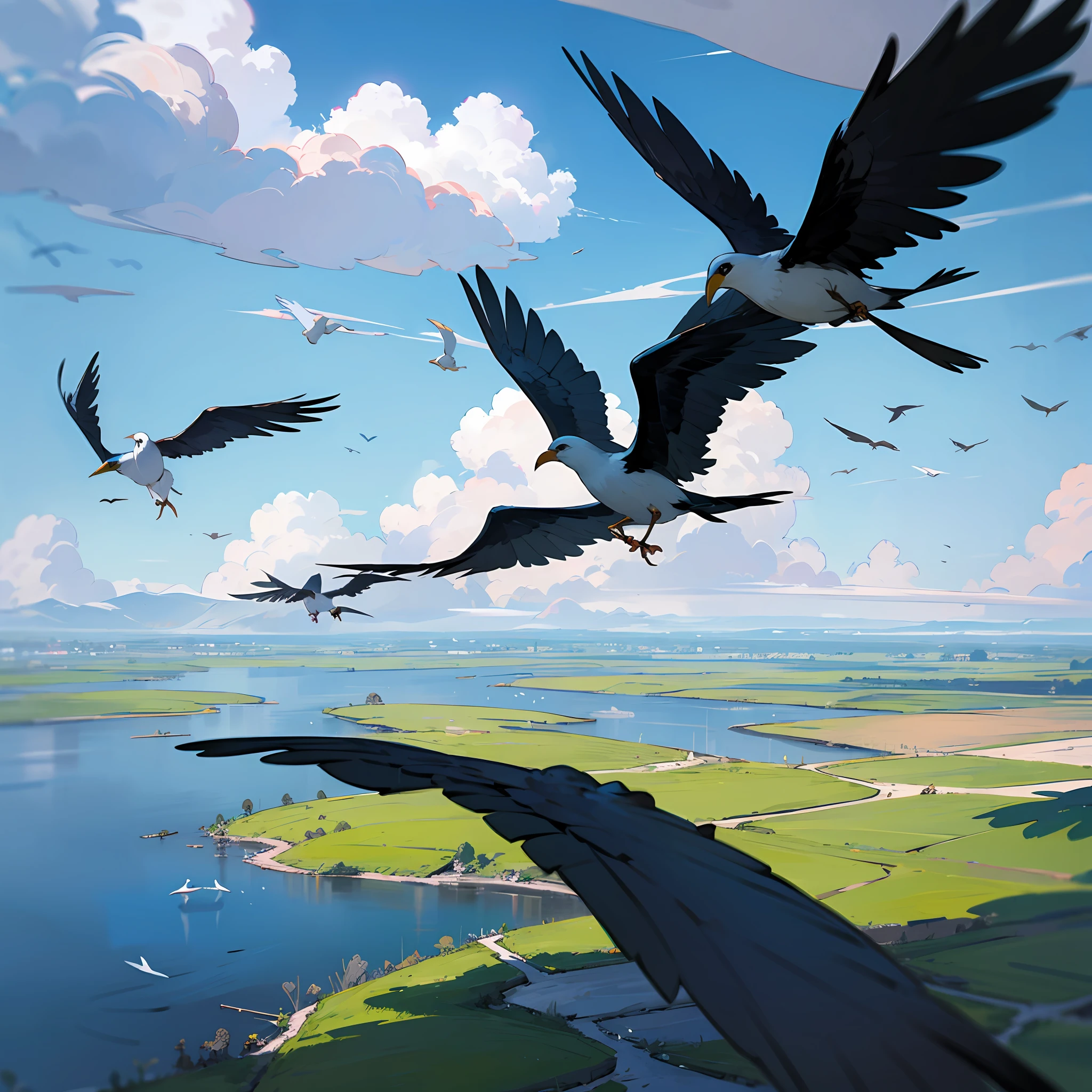 with blue sky and white clouds,Wetland Park,High hills,flying birds --auto