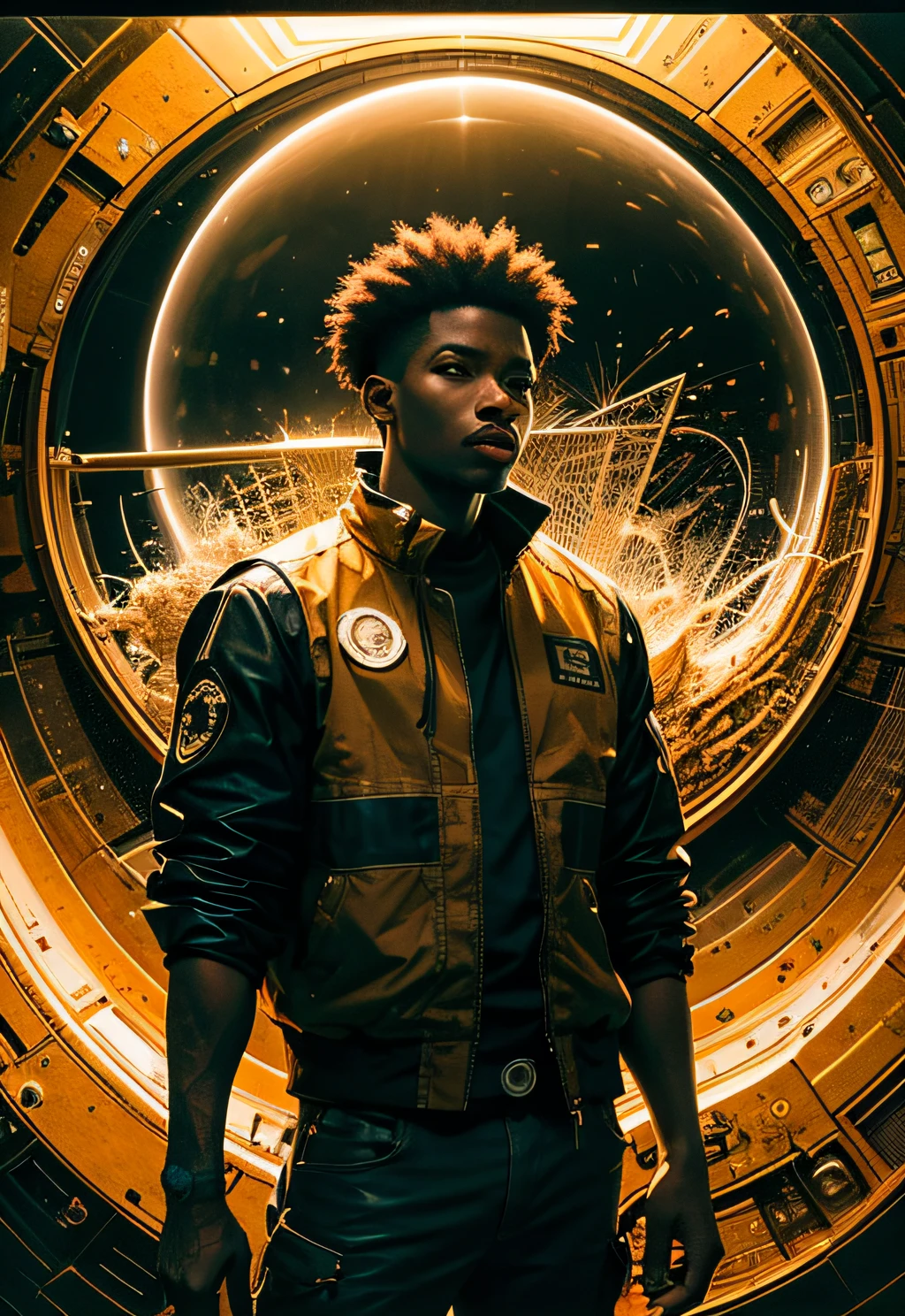 masterpiece, top quality, best quality, official art, beautiful and aesthetic,realistic,
delivery driver, standing next to DHL spaceship, in yellow-black futuristic uniform, with DHL Logo,
extremely detailed,colorful,highest detailed, (dynamic pose), shiny skin, zentangle, flowers, abstract background, a man coming out of a stargate like the one in Stargate SG1, Black man. holding a mechanical cube with circles on the sides. the cube has some glowing lines. the cube is radiating energy. the man is commanding the cube, the man is a scientist. Hyper realistic, Photography, Picture of the week, RAW, beautiful, (finely detailed skin), African skin, (masterpiece) (perfect proportion)(realistic photo)(best quality) (detailed) photographed on a Canon EOS R5, 50mm lens, F/2.8, HDR, (8k) (wallpaper) (cinematic lighting) (dramatic lighting) (sharp focus) (intricate)