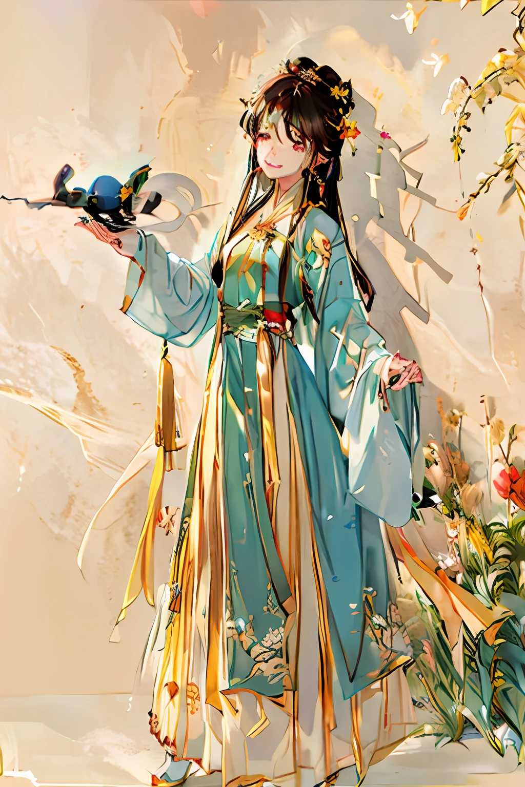 White skin, yellow Hanfu, brown hair, weak hair, standing in front of the robot, tear mole, crying