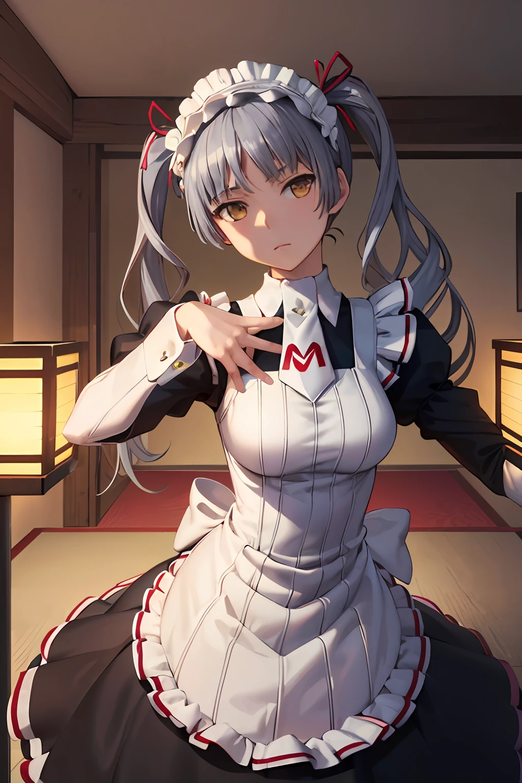 (Extremely detailed Cg Unity 8K wallpaper), (Masterpiece), (Best quality), (Ultra-detailed), (Best Illustration), (Best shadow), (absurderes), 1girll, Solo, Matsuri Shinoji, maid, maid headdress, Expressionless, v arms, Own hands together, dining room, hanging lights, extremely detailed background, view the viewer