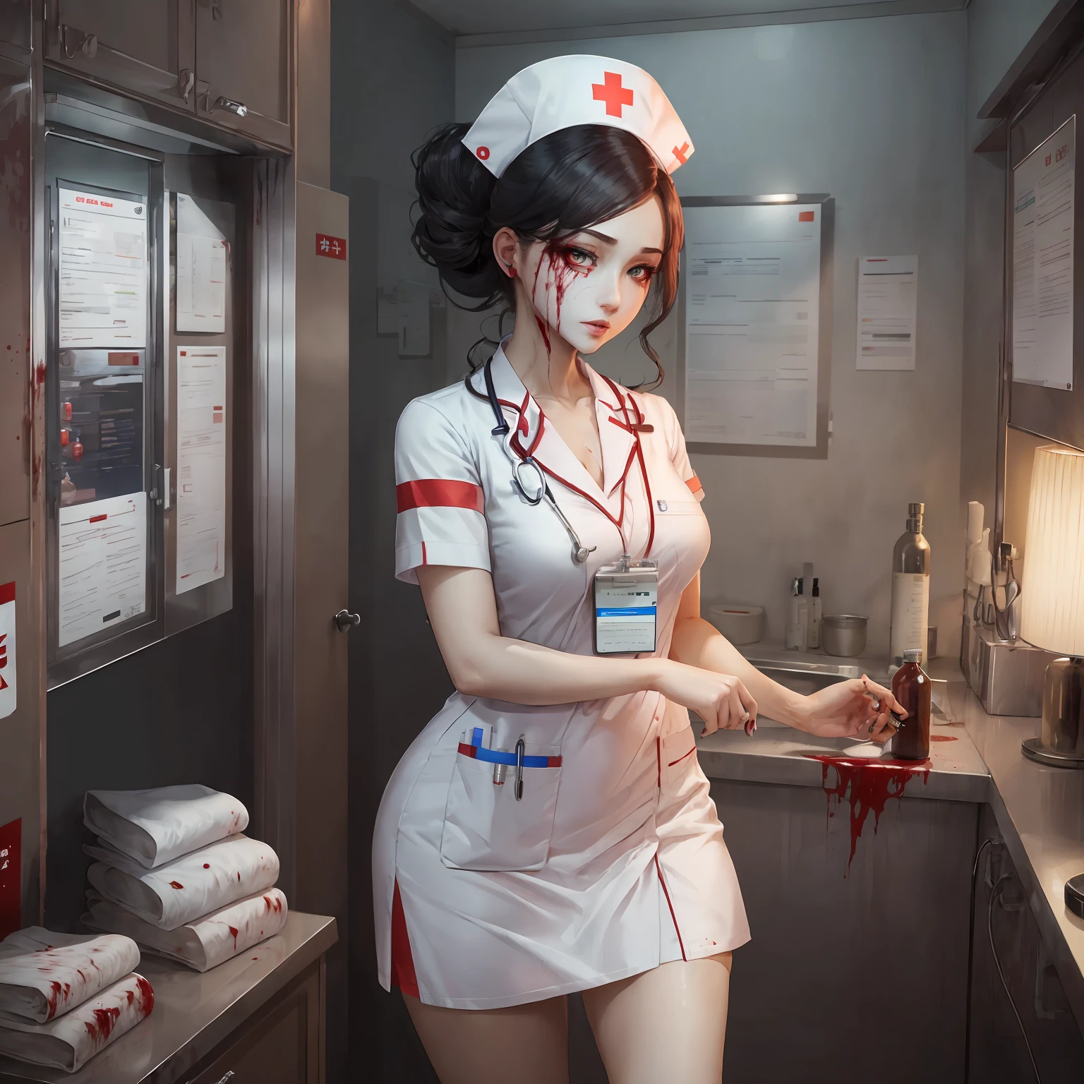 Tall beauty in a nurse's uniform, But pale,with fair skin,Nurse dress beauty,Scary beauty in nurse's outfit, with fair skin,The skin is terrible,Variant nurse costume beauty ,His face was pale,No blood,Red eyes,Nurses dressed as thick bloody beauties ,Beautiful nurse without blood,Nurses with frighteningly white skin,Red-eyed nurse ,A female nurse with a lot of blood on her body,A nurse with a face white and green covered in blood --auto