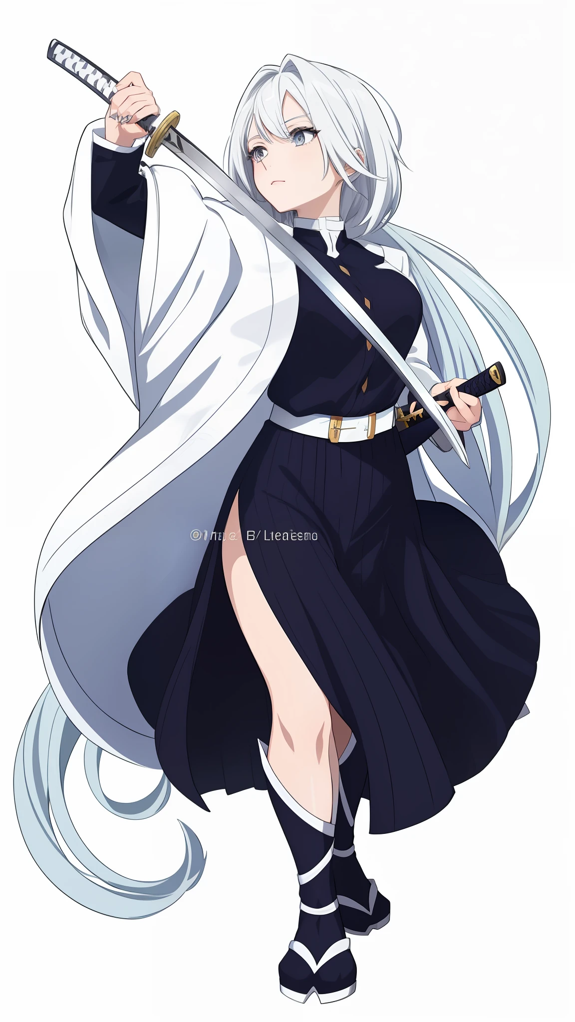 Drawing of a woman in a black dress, Holding a Sword, white haired deity, anime cover, she is holding a katana sword, white haired, official arts, Anime character; full body art, anime full body illustration, female anime character, anime woman fullbody art, white haired lady, White-haired, she holds a sword