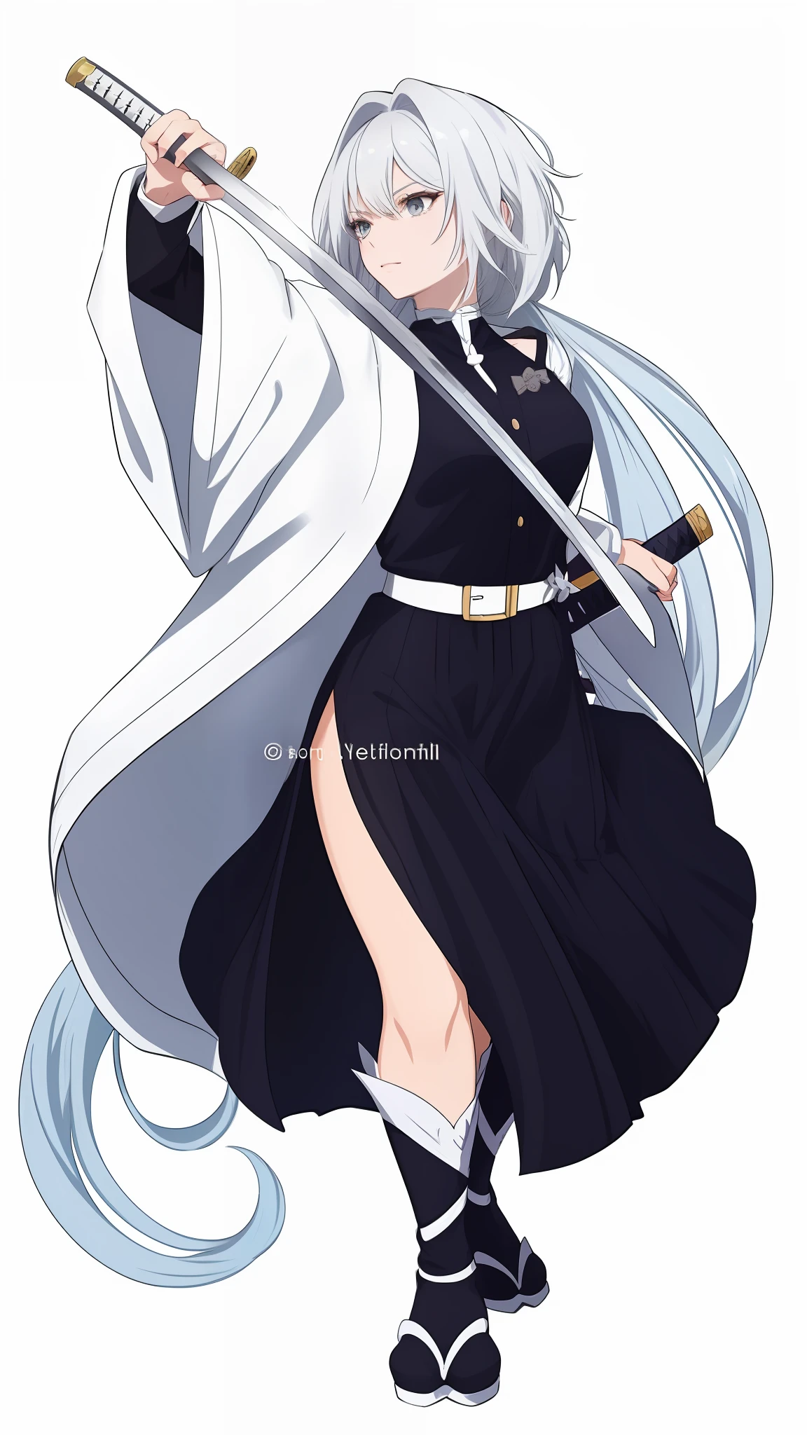 Drawing of a woman in a black dress, Holding a Sword, white haired deity, anime cover, she is holding a katana sword, white haired, official arts, Anime character; full body art, anime full body illustration, female anime character, anime woman fullbody art, white haired lady, White-haired, she holds a sword