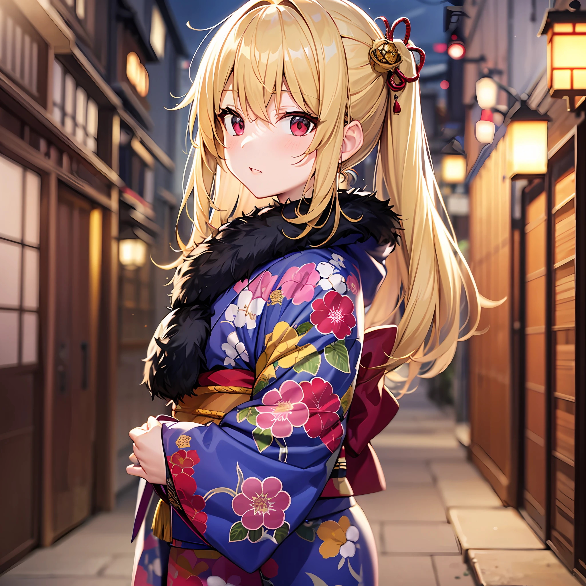 One blonde girl、red eyes、Kimono、suns、kyoto