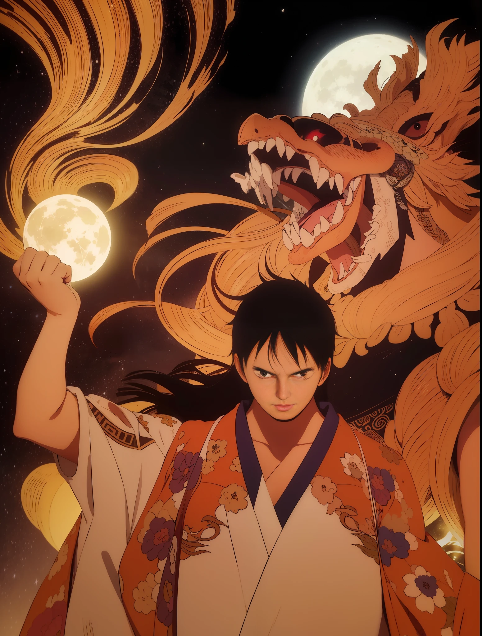 One Piece ,The fist is full of fire,The scene in the ancient city of China, this
The bright moon hangs high,starry sky bright, Symmetrical combination-
sky, 3/4 body,Realistic use of light and color,Fantastic style
Japanese contemporary, Bold illustration