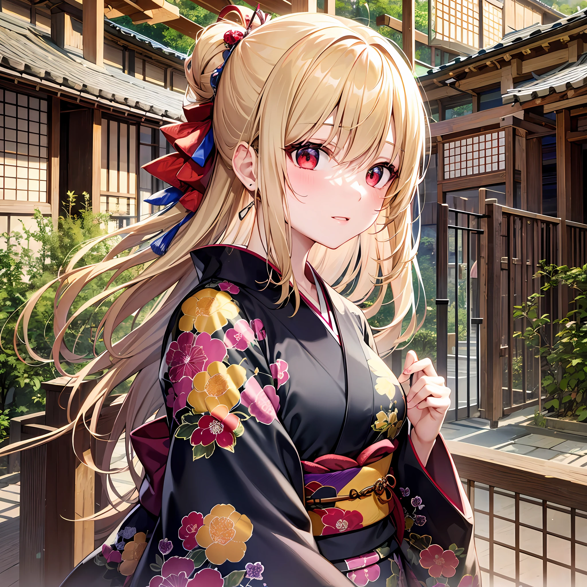 One blonde girl、red eyes、Kimono、suns、kyoto