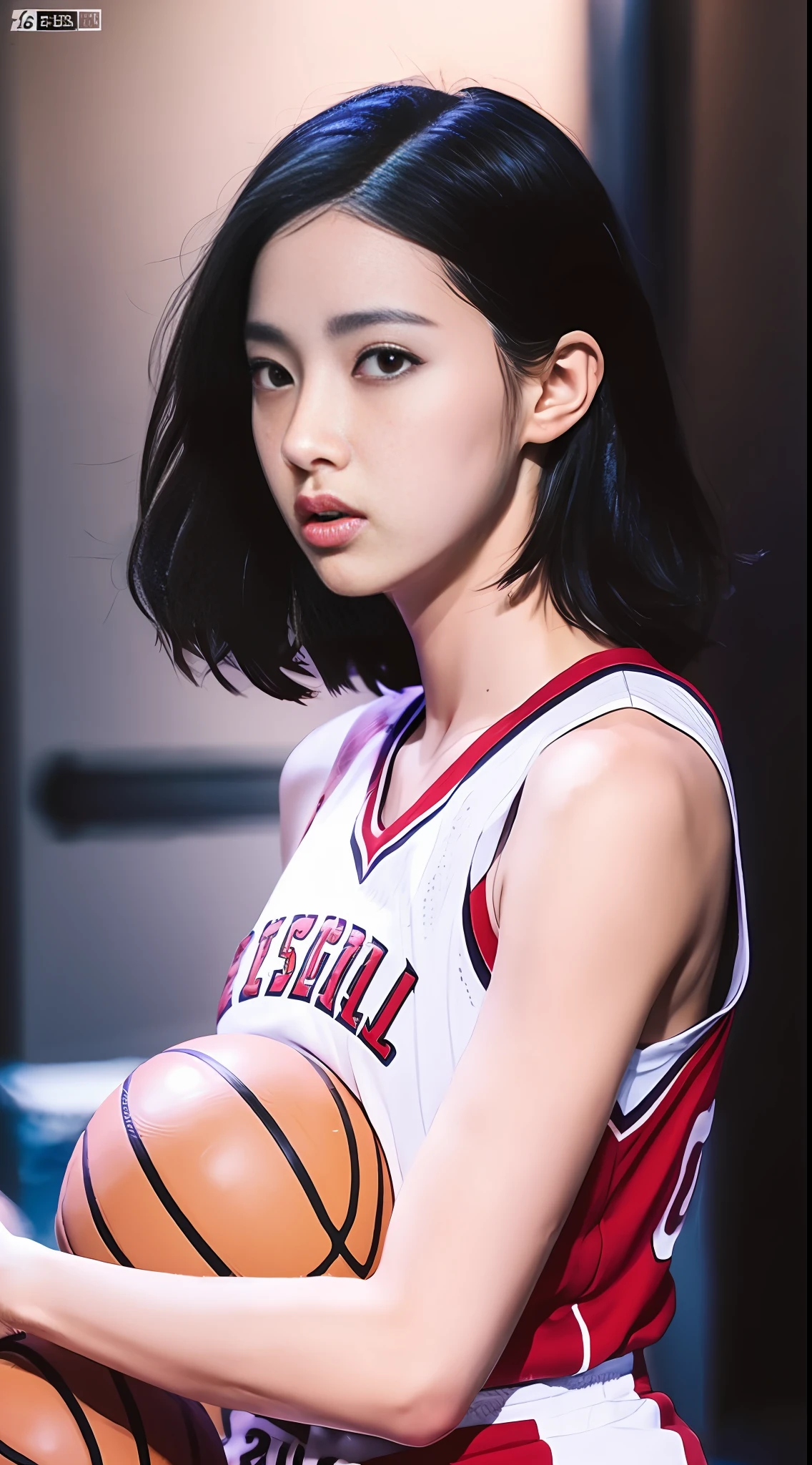 1girl in,basketball,Red uniform, Black_Eyes, Black_head hair, Clothes_Writing_10, Holding_ball, Jersey, s lips, Shoulder-length hair realistic, 独奏,