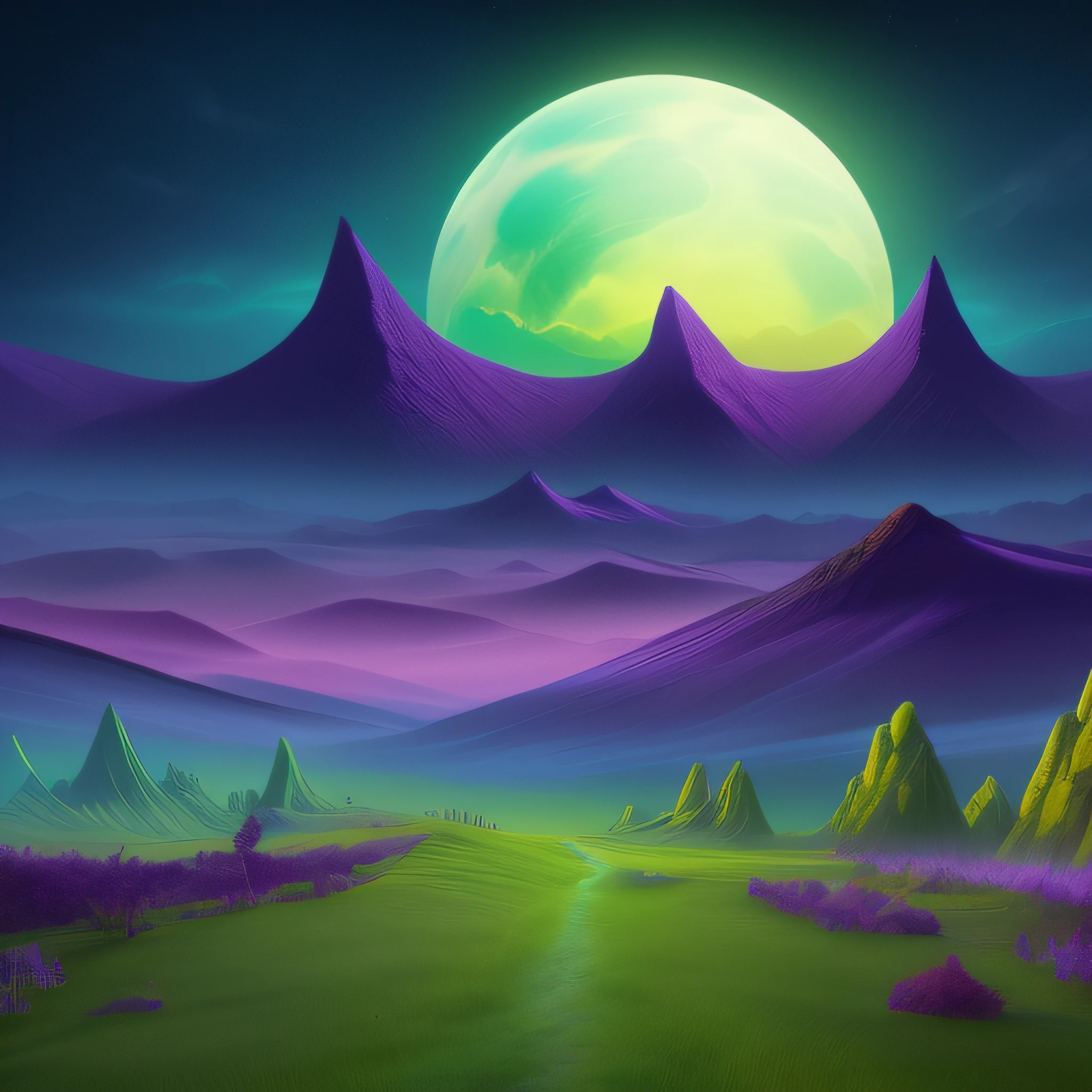 a brightly lit mountain landscape, alien landscape, lush alien landscape, beautiful alien landscape, an alien landscape, amazing alien landscape, stunning alien landscape, alien planet landscape, an alien landscape view, landscape of an alien world, alien mountains, alien breathtaking landscape, across an alien landscape, mystical fantasy landscape, grass mountain night landscape, background artwork