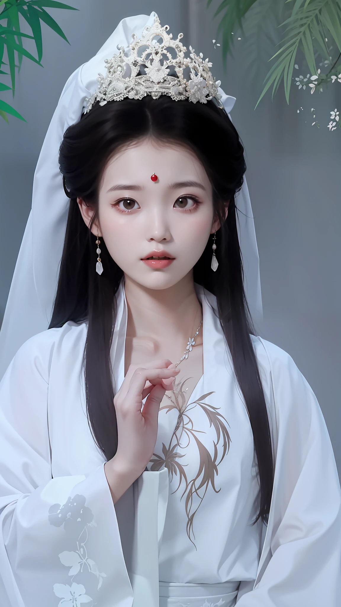 a close up of a woman with a white dress and a tiable, Palace , A girl in Hanfu, ancient chinese beauti, Princesa chinesa antiga, China Princess, Traditional beauty, Chinese girl, Chinese woman, White Hanfu, ruan jia beautiful!, inspired by Zhang Yan, Inspired by Qiu Ying, Chinese style, Chinese traditional, inspired by Zhang Yin