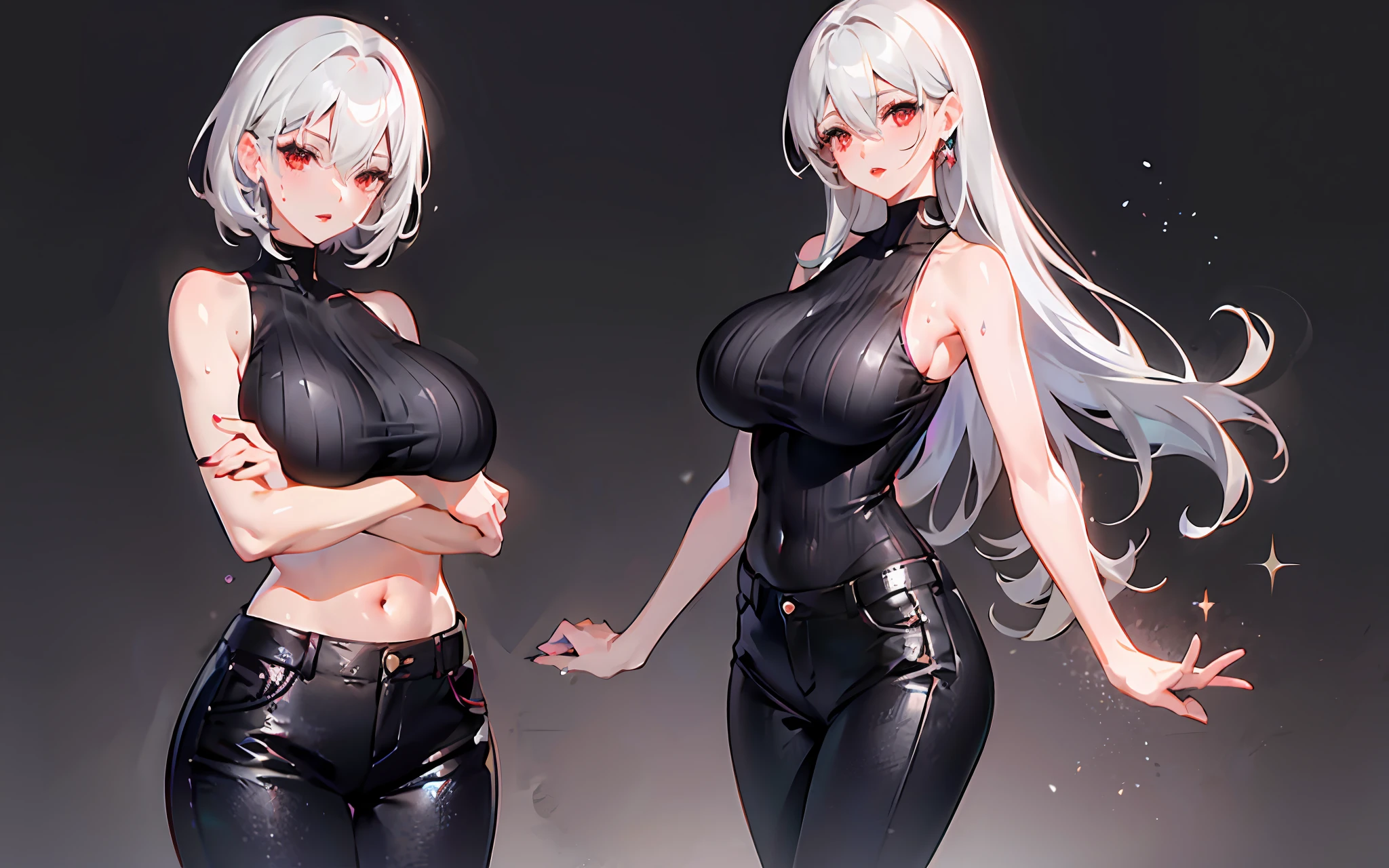 girl, bangs, bare shoulders, black pants, breasts, breasts squeezed together, gray background, hair between eyes,, long hair, view viewer, pants, parted lips, red eyes, shirt, simple background, sleeveless, sleeveless shirt, solo, turtleneck sweater, V-arms, gray hair, (shiny skin), (masterpiece: 1.4), (best quality: 1.4), ,,, Facigirl, red lips, navel, (: 1.5), (transparent areola), , huge, sweat,