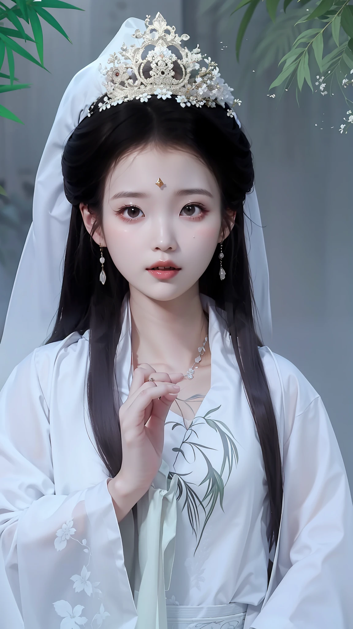 a close up of a woman with a white dress and a tiable, Palace ， A girl in Hanfu, ancient chinese beauti, Princesa chinesa antiga, China Princess, Traditional beauty, Chinese girl, Chinese woman, White Hanfu, ruan jia beautiful!, inspired by Zhang Yan, Inspired by Qiu Ying, Chinese style, Chinese traditional, inspired by Zhang Yin