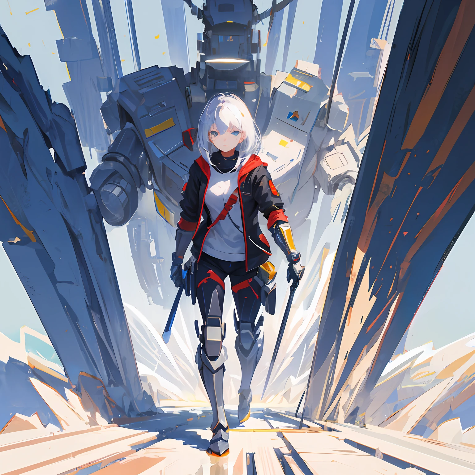 Female Warrior, halves of the body are mechanical, The weapon is a large robot arm, Special Attack Captain, A warrior, Full body, White background, erect through, People only(without background)