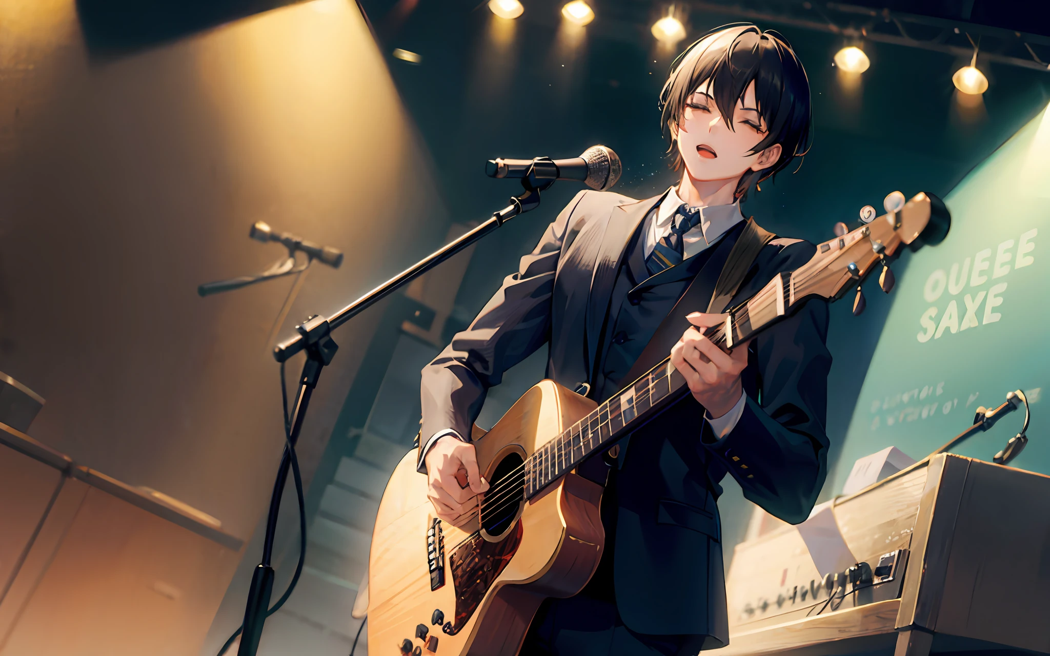 A young man is singing