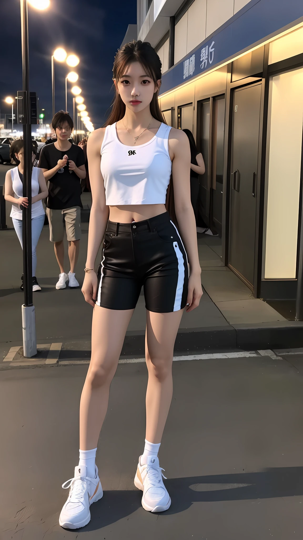 ((Realistic lighting, best qualtiy, 8K, tmasterpiece:1.3)), sharp fokus:1.2, 1girll, Beautiful Women with Perfect Figure:1.4, Slim abs:1.1, ((dark brown hair)), (White crop top:1.4),(exteriors,during night:1.1),the city street,Ultra-fine face,Fine eyes,二重まぶた,Full body photo,high-heels,athletic sneakers,