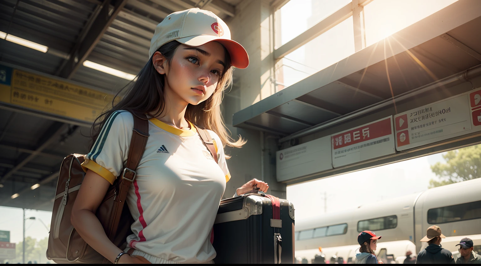 Kizi,With a hat on,Wear sportswear,Dragging luggage,In the middle of the station,The afternoon sun shines through the station on the girl's clothes --auto