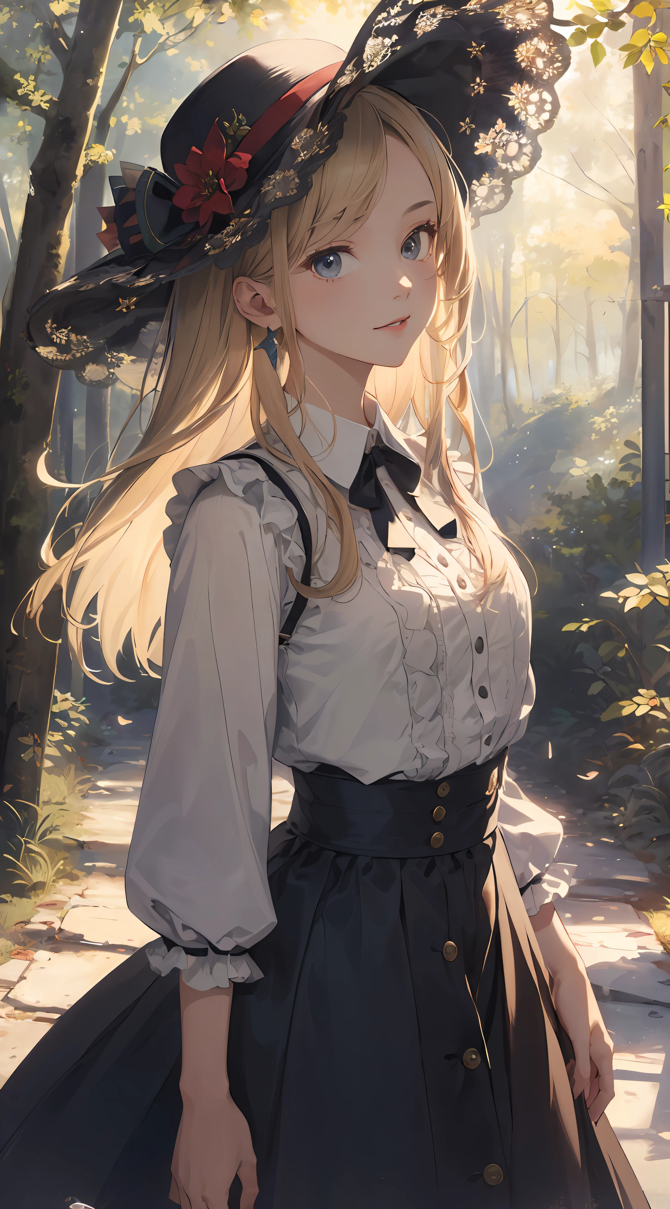 ((masterpiece best quality:1.4)), ((masutepiece, Best Quality)), (The 8k quality), (Detailed background:1.3), (Detailed face:1.3), (Cute teenage woman, Solo),Beautiful portrait、Delicate body、frilled blouse,Long Check Skirt,hat, Vintage, Long Blonde Hair,Cinematic Light,Little smile,tilt the neck、in woods、Sunlight、 Beautiful Glow,