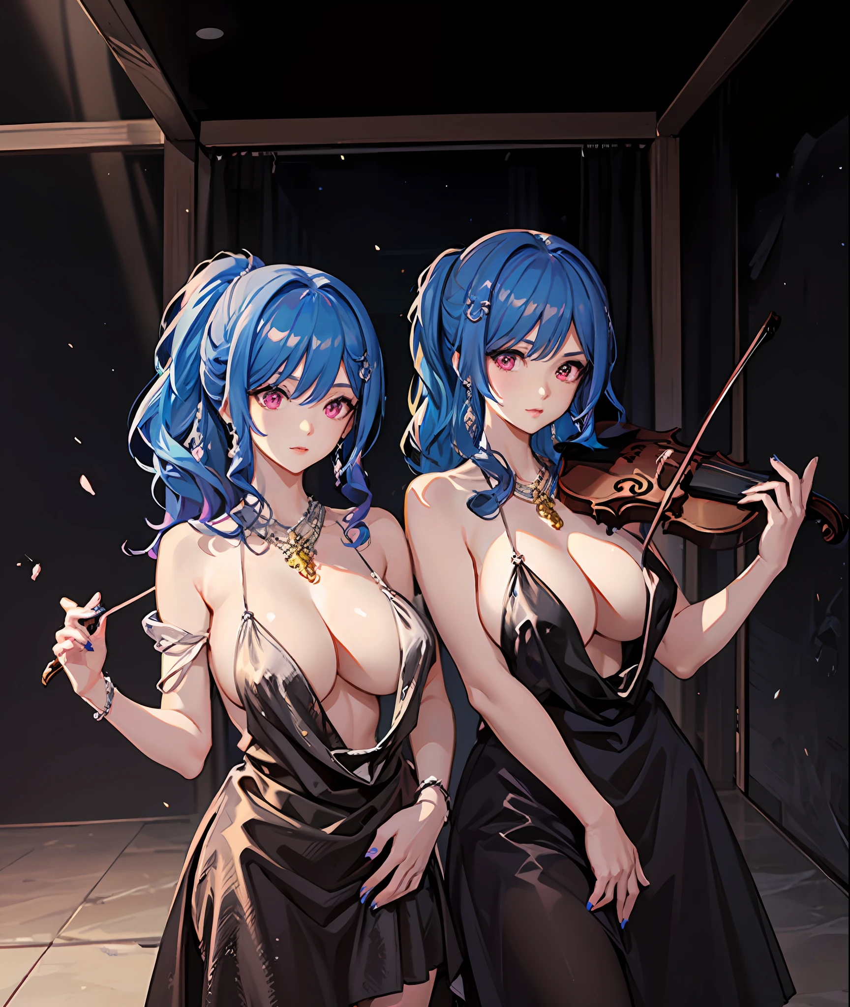 Close-up of two goddesses holding violins and bows, (fantasy violin), Ayaka Genshin impact, Detailed key anime art, Official artwork, tsuaii, A scene from the《azur lane》videogame, high detailed official artwork, Rem Rezero, fantasy violin, offcial art, nightcore, Splash art anime Loli, Blue-haired god，huge tit