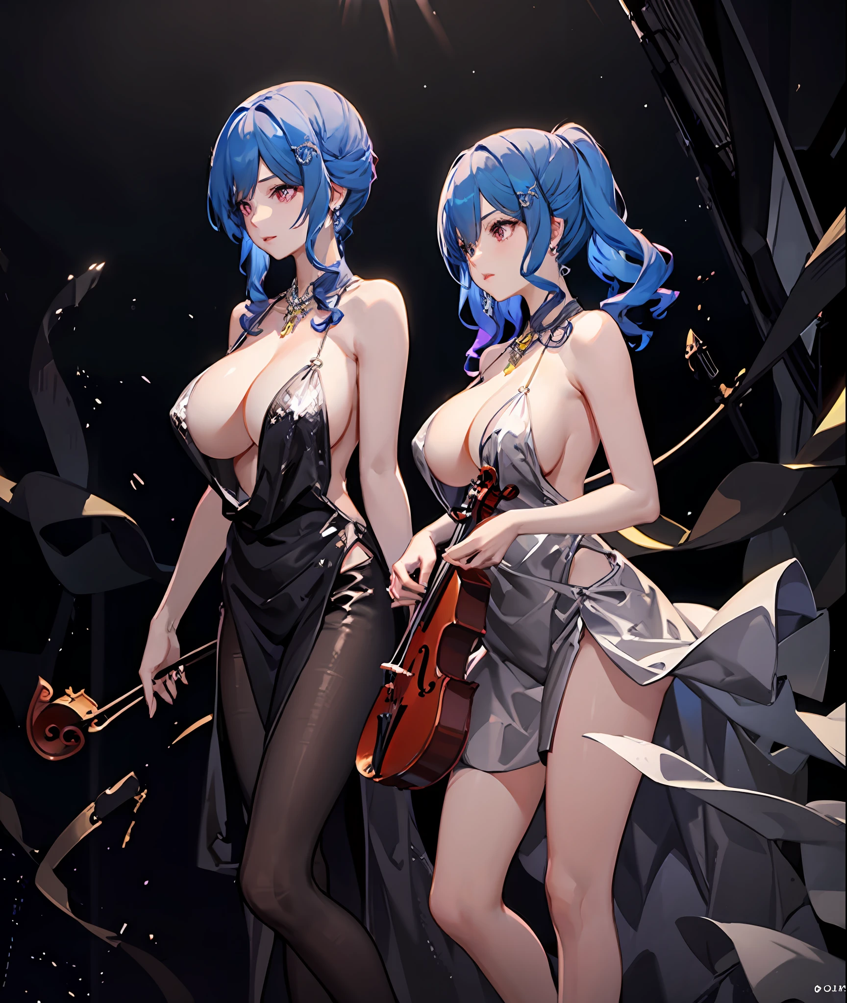 Close-up of two goddesses holding violins and bows, (fantasy violin), Ayaka Genshin impact, Detailed key anime art, Official artwork, tsuaii, A scene from the《azur lane》videogame, high detailed official artwork, Rem Rezero, fantasy violin, offcial art, nightcore, Splash art anime , Blue-haired god,huge tit