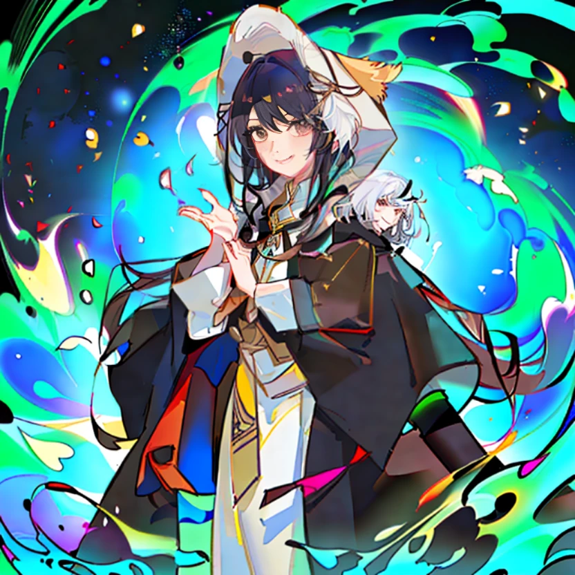 Kizi,a black cloak,white clothes,Proselyte,With a smile,whaite hair