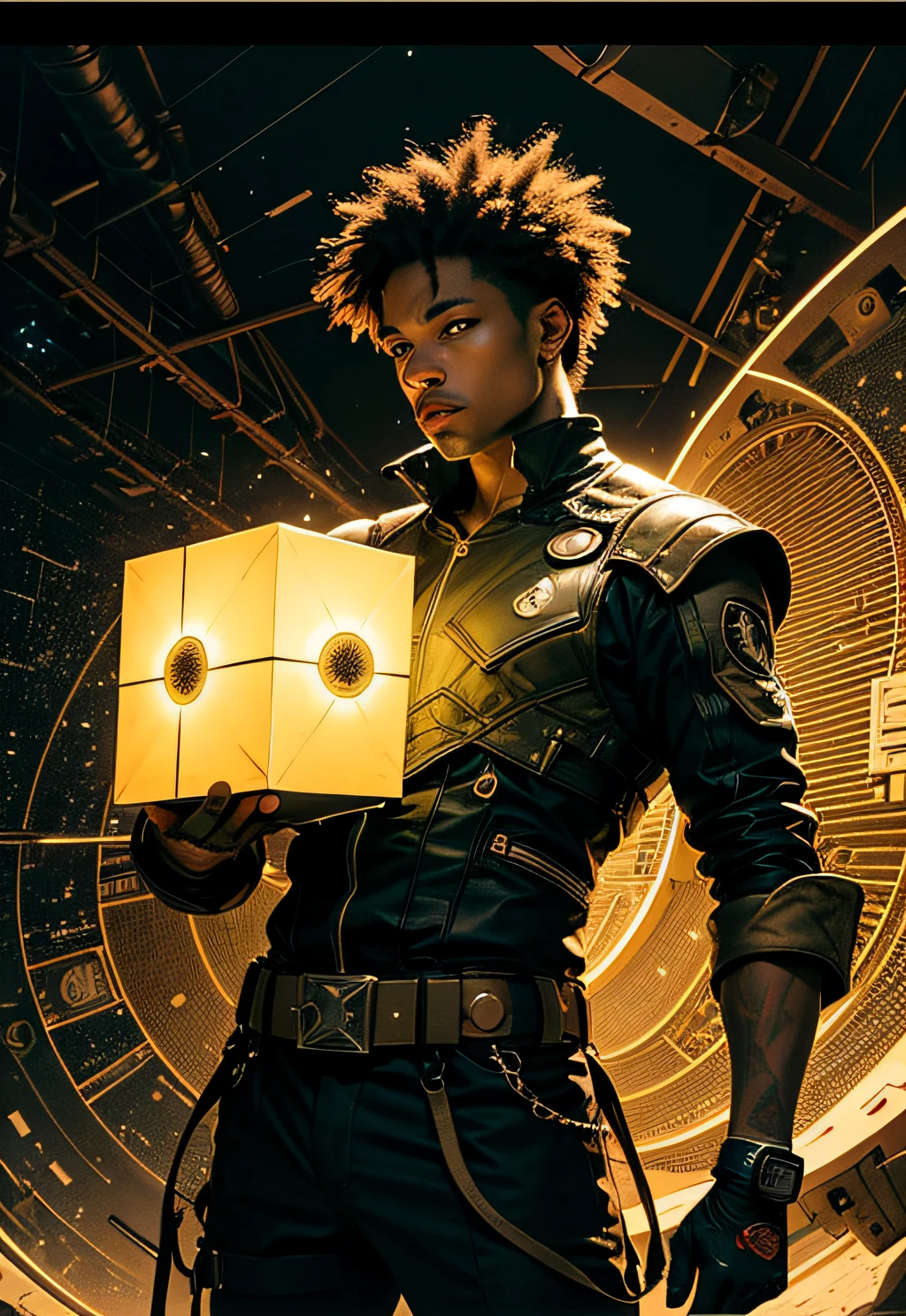 a man coming out of a stargate like the one in Stargate SG1, Black man. holding a mechanical cube with circles on the sides. the cube has some glowing lines. the cube is radiating energy. the man is commanding the cube, the man is a scientist. Hyper realistic, Photography, Picture of the week, RAW, beautiful, (finely detailed skin), African skin, delivery driver, standing next to DHL stargate, in yellow-black futuristic uniform, Clouds, lightning, extremely detailed,colorful,highest detailed, (dynamic pose), shiny skin, zentangle, flowers, abstract background,(masterpiece) (perfect proportion)(realistic photo)(best quality) (detailed) photographed on a Canon EOS R5, 50mm lens, F/2.8, HDR, (8k) (wallpaper) (cinematic lighting) (dramatic lighting) (sharp focus) (intricate)