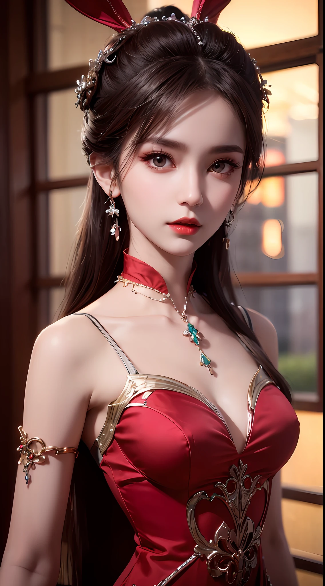 1 beautiful girl in beautiful hanfu costume, thin red silk shirt with many yellow motifs, black lace top, light pink rabbit ears, long hair dyed pale purple platinum, beautiful hair jewelry, pretty face cute pretty face, perfect face, earring jewelry, antique jewelry, big red eyes, sharp eye makeup, meticulous eyelash makeup, thin eyebrows, high nose, pretty red lips, no smile, pursed lips, rosy cheeks, big bust, big bust, well-proportioned bust, slim waist, red mesh stockings with black border , Chinese hanfu style, fictional art pattern, vivid and true color, RAW photo, real photo realistic, ultra-high quality 8k surreal photo, cool photo, (virtual lighting effect: 1.8), 10x pixels, magic effect (background): 1.8), (ultra-detailed eye: 1.8), (eyelids): eyes): red: 1.8), (black eye pupil: 1.8)beautiful girl portrait, alone girl, ancient hanfu background, looking directly at the audience, wide original image, 8k quality, super sharp , the most detailed and clear images, detailed bright background,