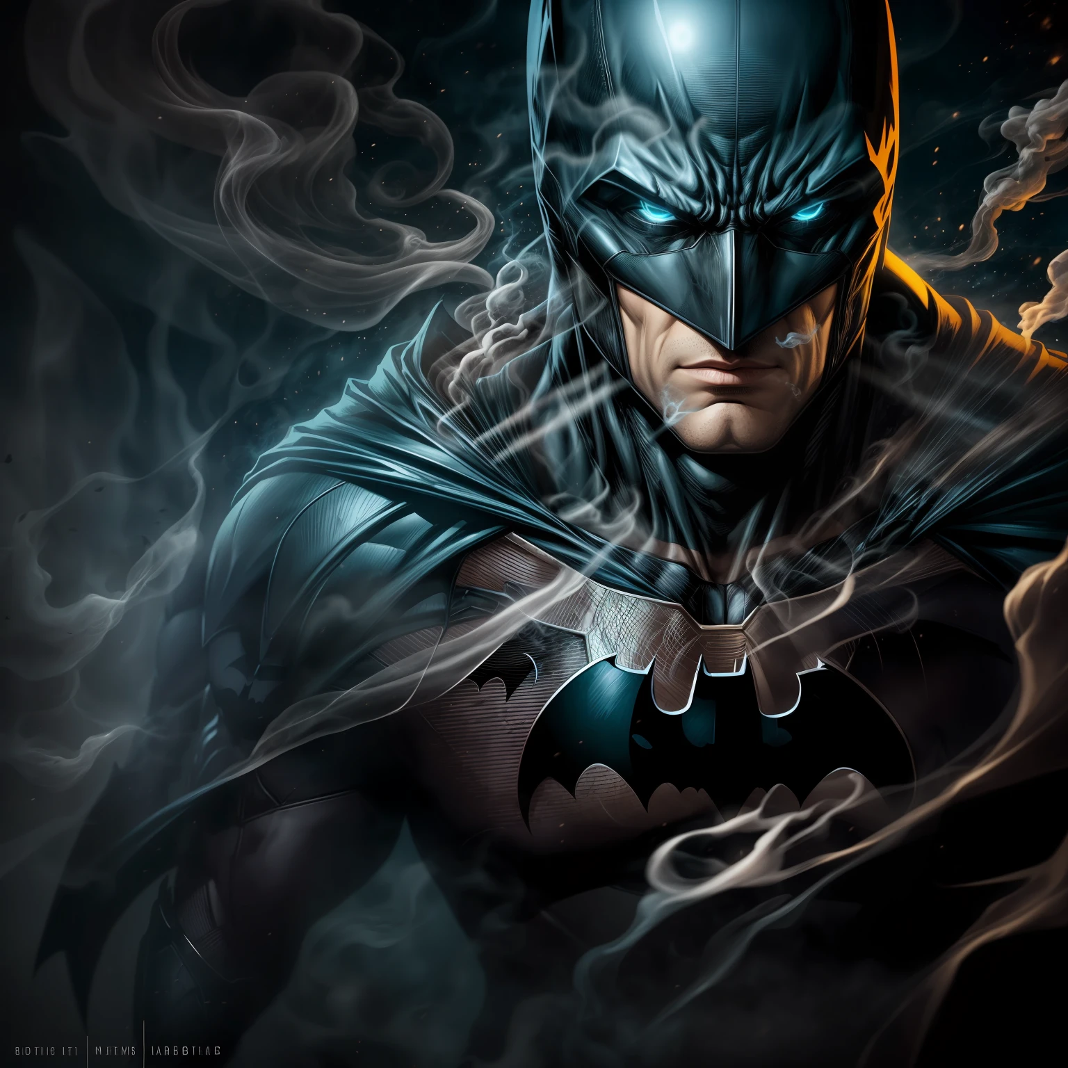 close up, Batman from DC Comics, Ghost, Dark, gotik, 3d, Ultra Detailed, blue transparent smoke around, realistic style, Old Night Pond, full - body,