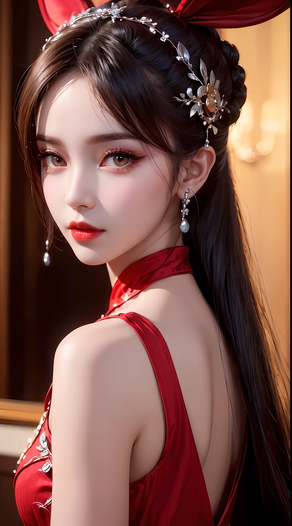 1 beautiful girl in beautiful hanfu costume, thin red silk shirt with many yellow motifs, black lace top, light pink rabbit ears, long hair dyed pale purple platinum, beautiful hair jewelry, pretty face cute pretty face, perfect face, earring jewelry, antique jewelry, big red eyes, sharp eye makeup, meticulous eyelash makeup, thin eyebrows, high nose, pretty red lips, no smile, pursed lips, rosy cheeks, big bust, big bust, well-proportioned bust, slim waist, red mesh stockings with black border , Chinese hanfu style, fictional art pattern, vivid and true color, RAW photo, real photo realistic, ultra-high quality 8k surreal photo, cool photo, (virtual lighting effect: 1.8), 10x pixels, magic effect (background): 1.8), (ultra-detailed eye: 1.8), (eyelids): eyes): red: 1.8), (black eye pupil: 1.8)beautiful girl portrait, alone girl, ancient hanfu background, looking directly at the audience, wide original image, 8k quality, super sharp , the most detailed and clear images, detailed bright background,