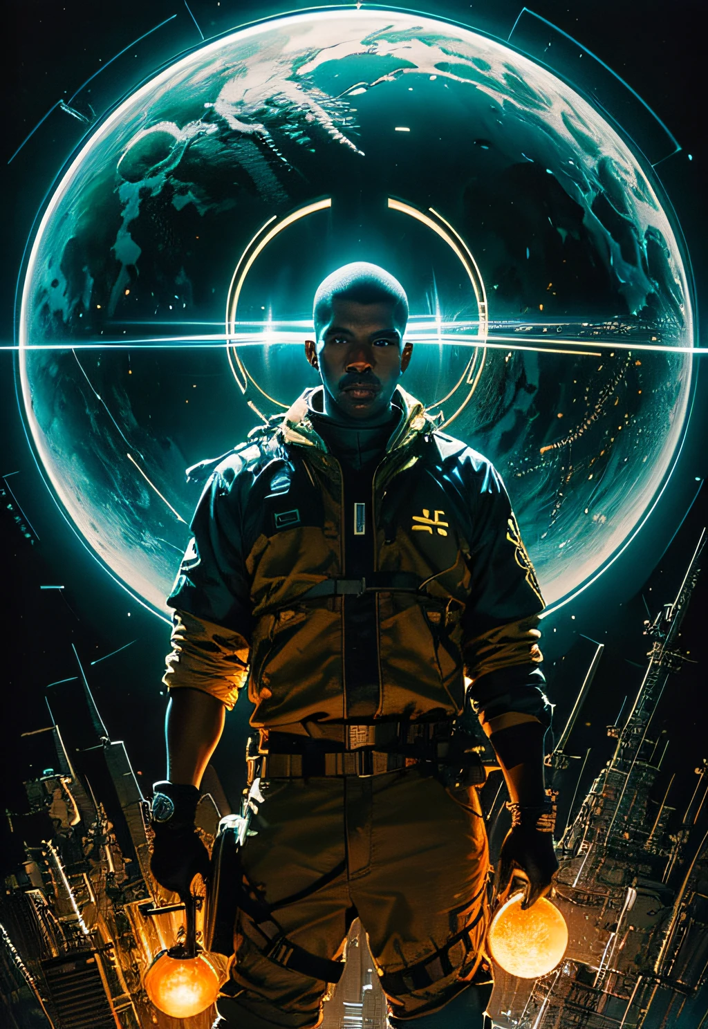 a man coming out of a stargate like the one in Stargate SG1, Black man. holding a mechanical cube with circles on the sides. the cube has some glowing lines. the cube is radiating energy. the man is commanding the cube, the man is a scientist. Hyper realistic, Photography, Picture of the week, RAW, beautiful, (finely detailed skin), African skin, delivery driver, standing next to DHL stargate, in yellow-black futuristic uniform, Clouds, lightning, extremely detailed,colorful,highest detailed, (dynamic pose), shiny skin, zentangle, flowers, abstract background,(masterpiece) (perfect proportion)(realistic photo)(best quality) (detailed) photographed on a Canon EOS R5, 50mm lens, F/2.8, HDR, (8k) (wallpaper) (cinematic lighting) (dramatic lighting) (sharp focus) (intricate)
