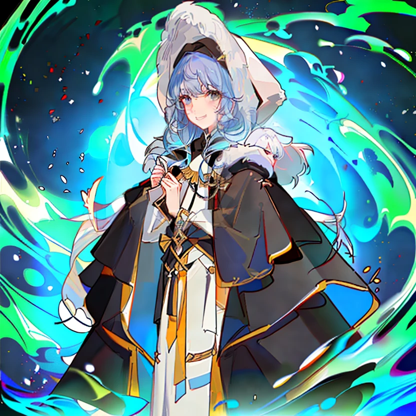 Kizi,a black cloak,white clothes,Proselyte,With a smile,whaite hair