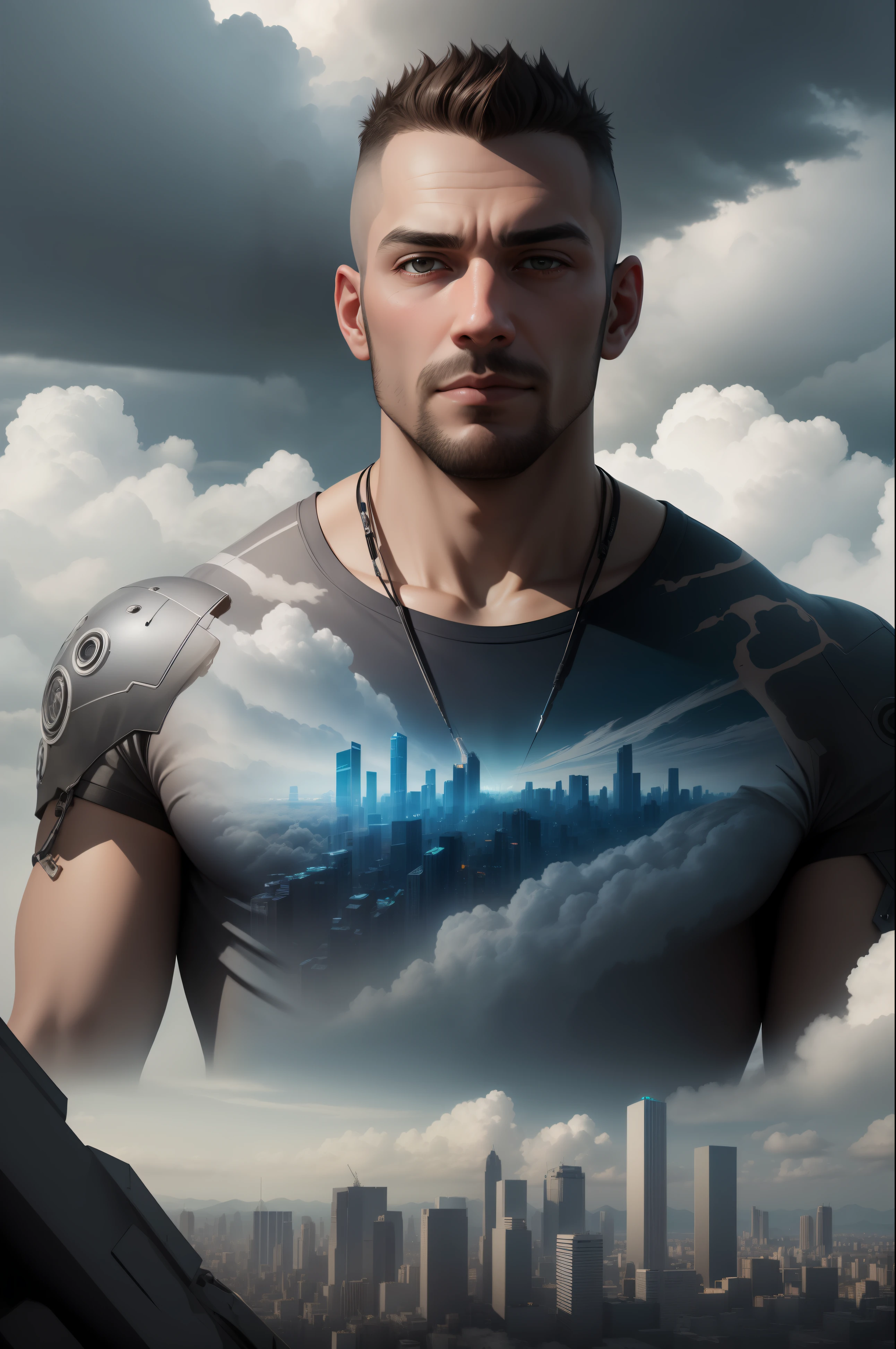 cyberpunk [Nebulous cityscape in the distance: garoto careca com 50 anos, cidade: 0,33] imerso em um fluxo gigante de vento, Living in a cloud of thunder, Behind the Cloud, (double exposure: 1,3), foto de Brandon Woelfelmist, sonho surreal, cinza atmosfera, dia chuvoso, dynamic, lut, hdr