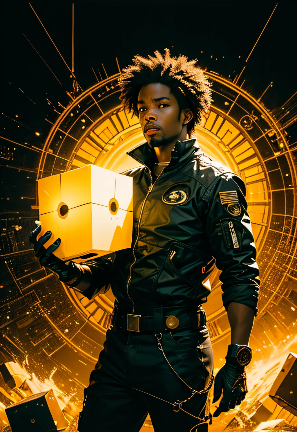 a man coming out of a stargate like the one in Stargate SG1, Black man. holding a mechanical cube with circles on the sides. the cube has some glowing lines. the cube is radiating energy. the man is commanding the cube, the man is a scientist. Hyper realistic, Photography, Picture of the week, RAW, beautiful, (finely detailed skin), African skin, delivery driver, standing next to DHL stargate, in yellow-black futuristic uniform, Clouds, lightning, extremely detailed,colorful,highest detailed, (dynamic pose), shiny skin, zentangle, flowers, abstract background,(masterpiece) (perfect proportion)(realistic photo)(best quality) (detailed) photographed on a Canon EOS R5, 50mm lens, F/2.8, HDR, (8k) (wallpaper) (cinematic lighting) (dramatic lighting) (sharp focus) (intricate)
