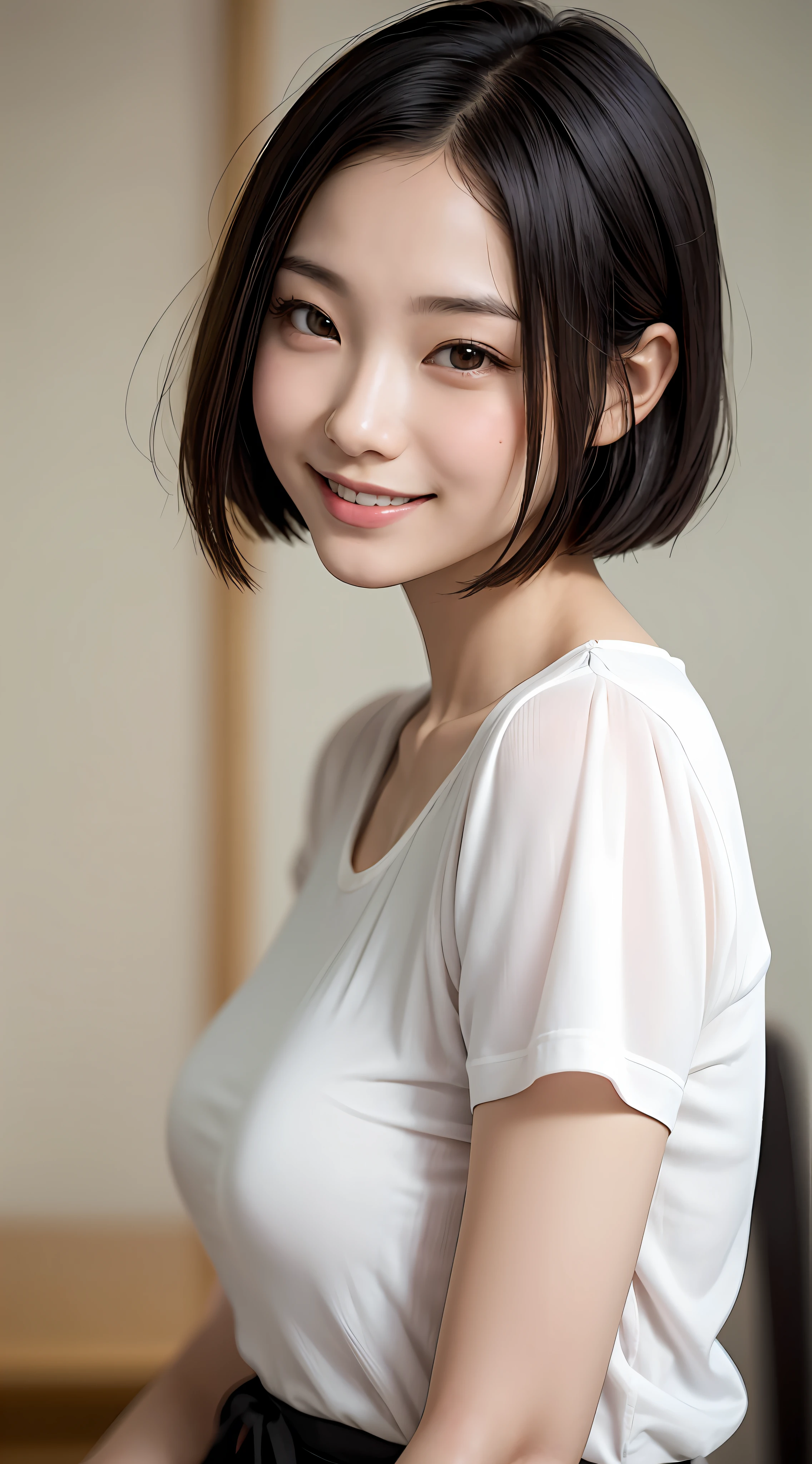 Alafed asian woman with black top and bob short hairstyle, huge smile, the face of a beautiful Japanese girl, Young adorable Korean face, young cute wan asian face, girl cute-fine-face, asian beautiful face, Beautiful young Korean woman, japanese facial features, With short hair, cute natural anime face, korean face features, Gorgeous young Korean woman, Young Asian Girl
