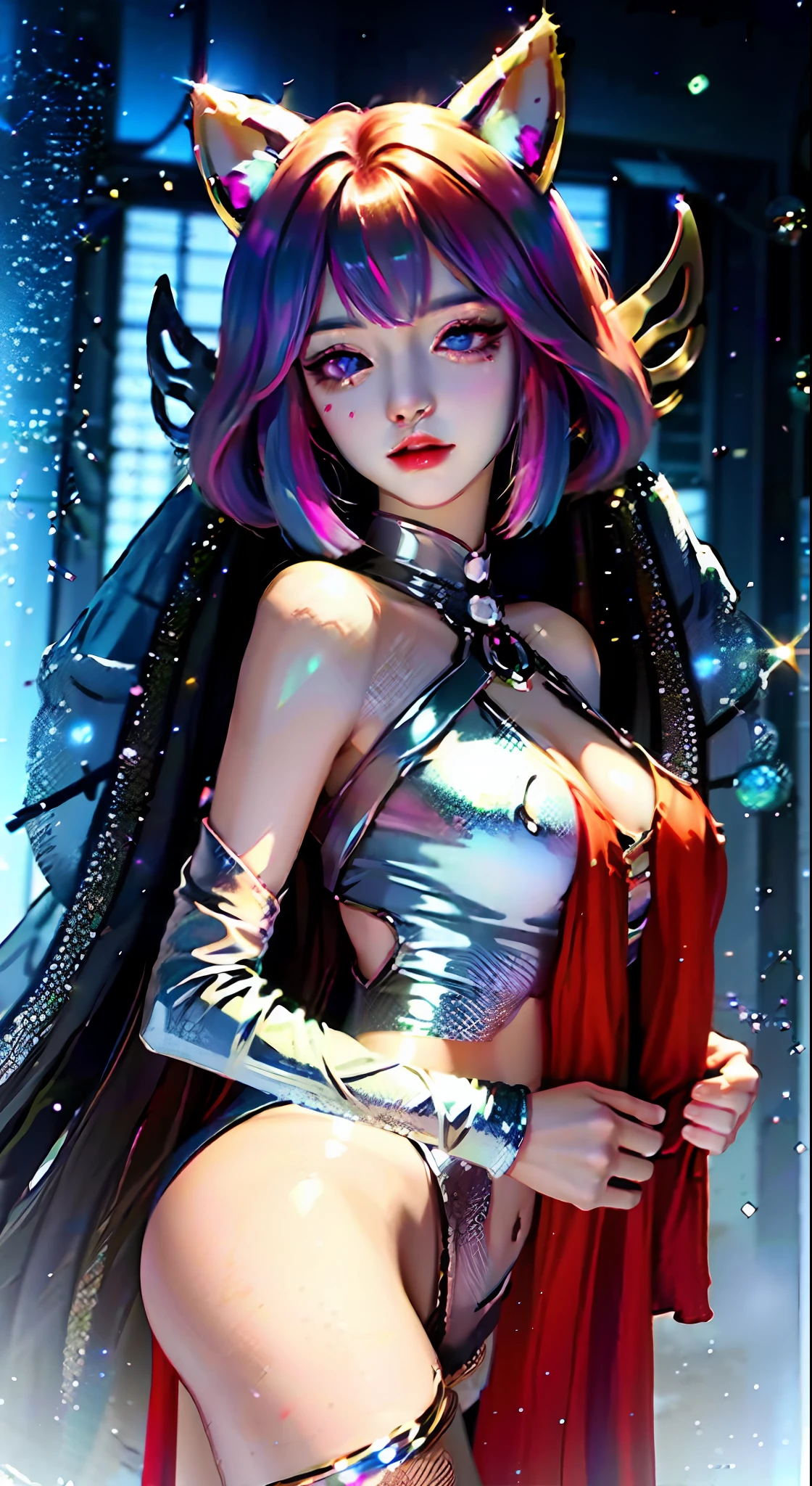 Rostelan Guvez style 8K women's net art,The main cybercat-eared beautiful girl,Pearl white clothing,The dynamic power is outstanding,Colorful hair,Purple eyes sparkle,Strong line texture,A mysterious and profound vista,The fog and rain were fine,Build the online world of your dreams。3D style,