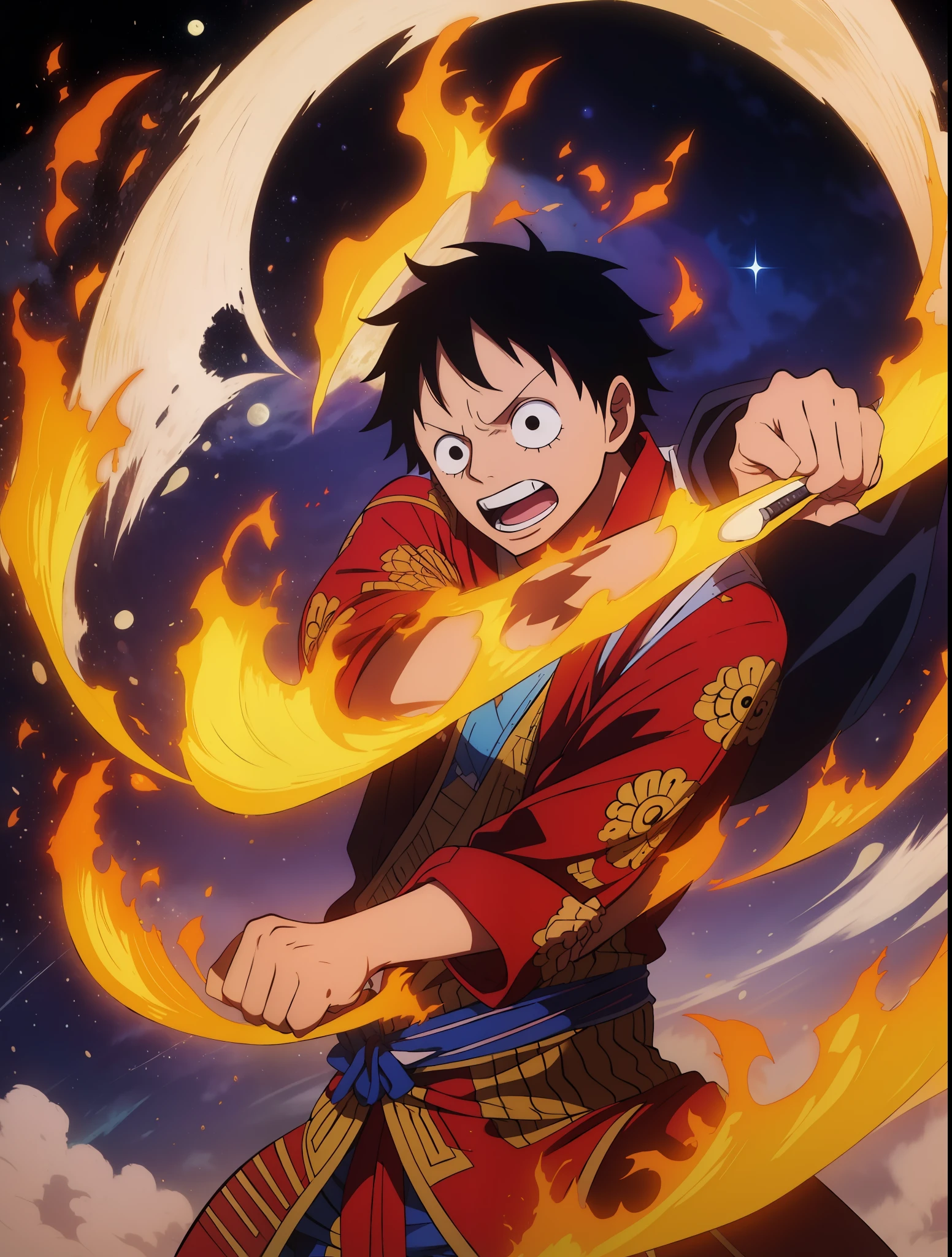 One Piece ,The fist is full of fire,Scenes from ancient Chinese cities, this
The bright moon hangs high,starry sky bright, Symmetrical combination-
sky, 3/4 body,Realistic use of light and color,Fantastic style
Japanese contemporary, Bold illustration